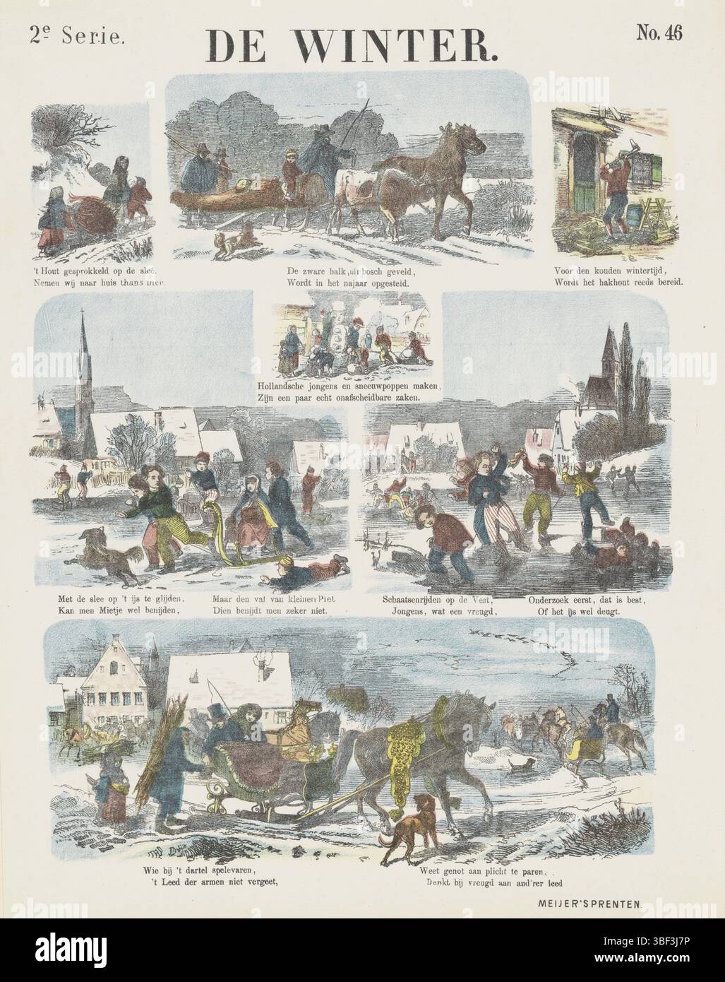 Amsterdam, De Ruyter & Meijer, stampe di Meijer, De Winter, Amsterdam, verso - timbrato, con 7 scene invernali. Sotto ogni immagine un verso. Numerato in alto a destra: N. 46., stampa, stampe folk, stampe, altezza 421 mm, larghezza 338 mm, pubblicazione (evento), pubblicazione, olandese, editore, 1874 - 1874, carta, litografia a colori (processo), stampa di carta intestata, stampa di libri, stampatore, stampatore Foto Stock