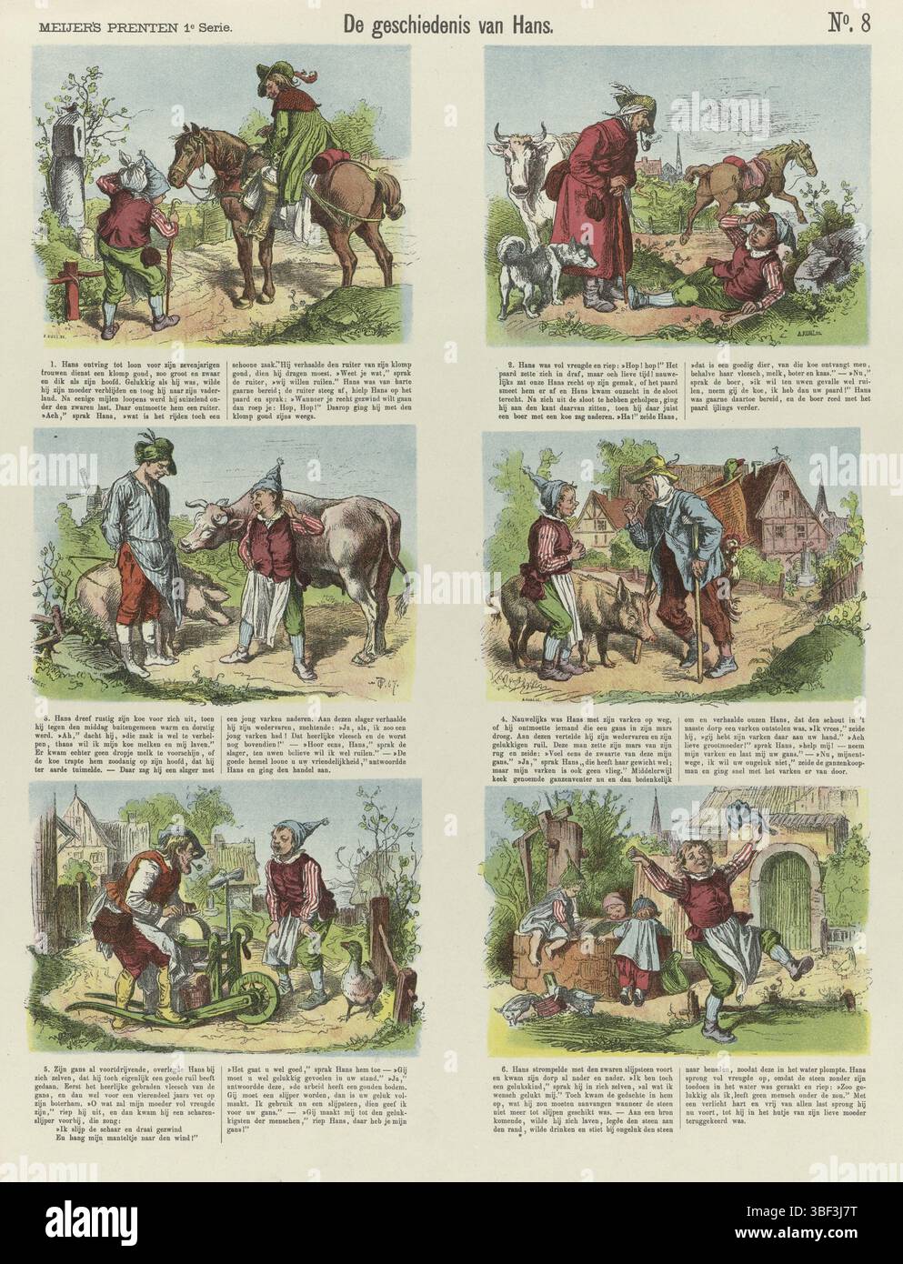 Amsterdam, De Ruyter & Meijer, Kunz, Arie, stampe di Meijer, De geschiedenis van Hans, Amsterdam, verso - timbrato, Foglio con 6 rappresentazioni sul ragazzo Hans che guadagnò oro, scambiò questo con un cavallo e così via fino a quando non finì con una mola e lo gettò in un pozzo. Sotto ogni prestazione una didascalia in due colonne. Numerato in alto a destra: N. 8, stampa, stampa folk, stampe, stampe folk, altezza 434 mm, larghezza 344 mm, 1825 - 1870, macchina per stampa, 1873 - 1873, carta, litografia a colori (processo), stampa di carta intestata, stampa di libri, pubblicazione (evento), pubblicazione, olandese, editore Foto Stock