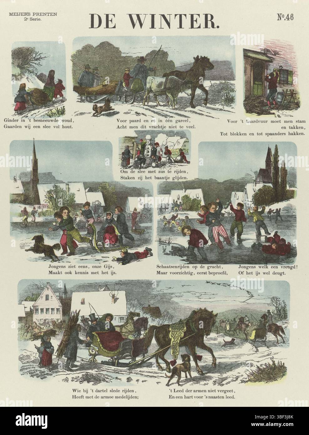 Amsterdam, De Ruyter & Meijer, stampe di Meijer, De Winter, Amsterdam, verso - timbrato, con 7 scene invernali. Sotto ogni immagine un verso. Numerato in alto a destra: N. 46., stampa, stampe folk, stampe, altezza 430 mm, larghezza 345 mm, pubblicazione (evento), pubblicazione, olandese, editore, 1874 - 1874, carta, litografia a colori (processo), stampa di carta intestata, stampa di libri, stampatore, stampatore Foto Stock