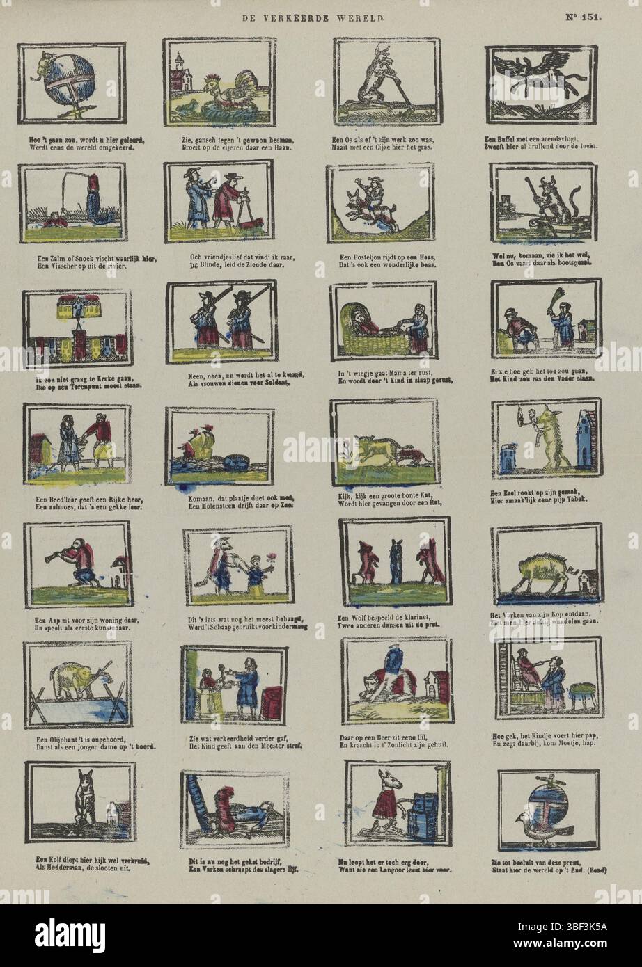 Schaerbeek, Hemeleers-van Houter, M., il mondo sbagliato, timbrato verso, parla di 28 spettacoli sul mondo sbagliato, dove gli animali si comportano come gli esseri umani, tra gli altri. Sotto ogni performance un verso a due righe. Numerato in alto a destra: N. 151., stampa, stampa folk, stampe, altezza 383 mm, larghezza 325 mm, pubblicazione (evento), pubblicazione, - 1880-10-11, editore, 1827 - 1894, carta, xilografica, colori, stampa letterpress, bookprint, macchina per la stampa, macchina per la stampa Foto Stock
