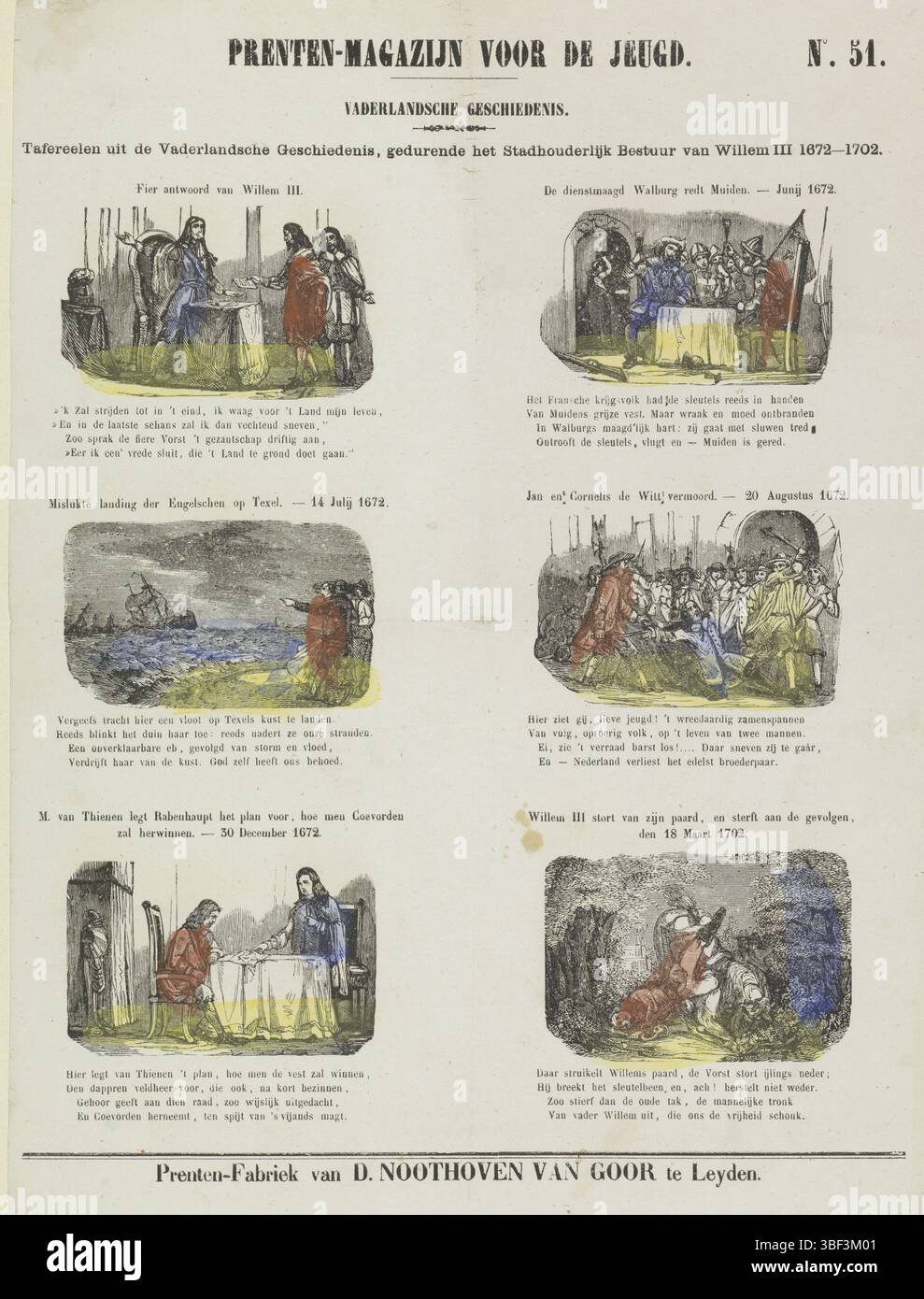 I Paesi Bassi, Leiden, Noothoven van Goor, Dirk, Vaderlandsche geschiedenis, Printen-magazijn voor de jeugd, Tafereelen uit de patrische geschiedenis, tijdens het Stadhouderleven van Willem III 1672-1702, Paesi Bassi, verso - stampato, Foglio con 6 rappresentazioni sulla vita di Willem III, durante il suo periodo di stadholder tra il 1672 e il 1702. Sopra ogni performance un titolo e sotto ogni performance un verso di quattro righe. Numerato in alto a destra: N. 51., stampa, stampa folk, stampe folk, stampe, altezza 410 mm, larghezza 290 mm, pubblicazione (evento), pubblicazione, editore, 1850 - 1881, carta, incisione legno Foto Stock