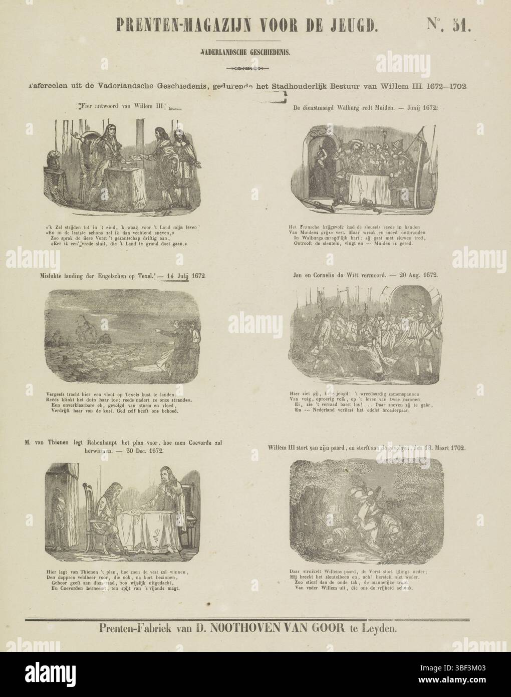 I Paesi Bassi, Leiden, Noothoven van Goor, Dirk, Vaderlandsche geschiedenis, Printen-magazijn voor de jeugd, Tafereelen uit de patrische geschiedenis, tijdens het Stadhouderleven van Willem III 1672-1702, Paesi Bassi, verso - stampato, Foglio con 6 rappresentazioni sulla vita di Willem III, durante il suo periodo di stadholder tra il 1672 e il 1702. Sopra ogni performance un titolo e sotto ogni performance un verso di quattro righe. Numerato in alto a destra: N. 51., stampa, stampa folk, stampe, altezza 430 mm, larghezza 335 mm, pubblicazione (evento), pubblicazione, editore, 1850 - 1881, carta, incisione legno, letterp Foto Stock