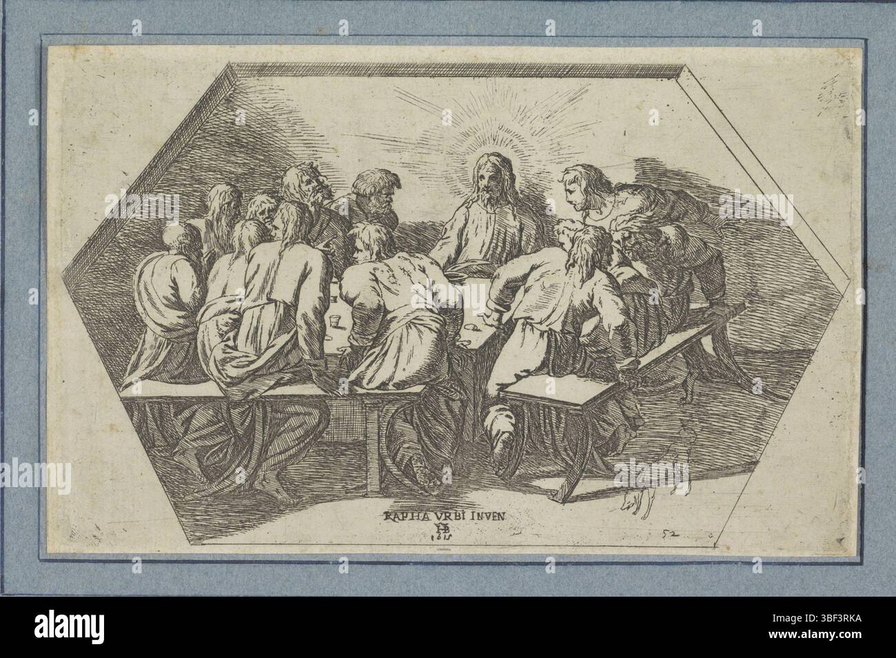 Città del Vaticano, Raffaello, Italia, Borgianni, Orazio, dipinti nella Loggia di Raffaello, ultima cena, verso - timbrato, Cristo siede con i suoi discepoli intorno a un tavolo all'ultima cena., stampa, altezza 140 mm, larghezza 226 mm, 1578 - 1616-01-11, stampatrice, 1615 - 1615, carta, incisione, 1483-04-07 - 1520-04-07, dopo la verniciatura di Foto Stock