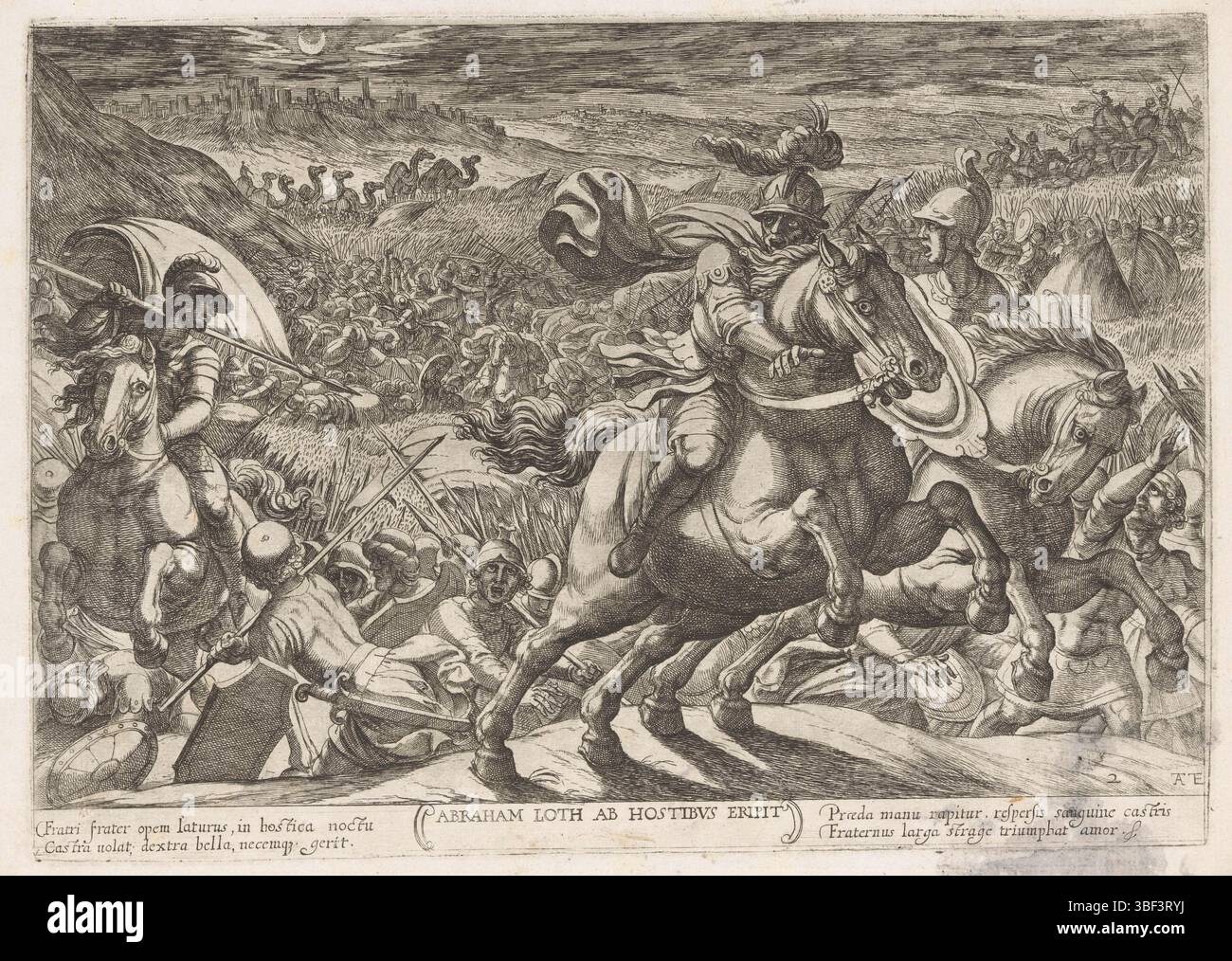 Italia, tempesta, Antonio, scene di battaglia dell'Antico Testamento, Abraham Loth ab hostibus eripit, Lot di Abramo liberato, Italia, stampato verso, Abramo e l'esercito di 318 persone allevate nella sua casa in battaglia contro Kedorlaomer e i suoi alleati per liberare Lot. Titolo e didascalia in latino a margine. Numerato in basso a destra: 2., stampa, altezza 203 mm, larghezza 287 mm, italiano, 1555 - 1630-08-05, stampatore, 1613 - 1613, carta, incisione, tono piatto' Foto Stock