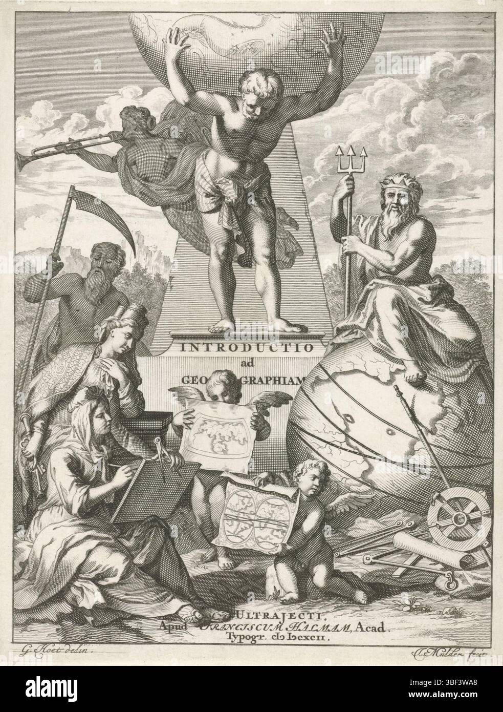 Utrecht, Halma, Francois, Hoet, Gerard (i), Amsterdam, Mulder, Joseph, Homepage per: J. Luyts, Introductio ad geographiam novam et veterem, 1692, allegorie op de geografie, Utrecht, verso - timbred, in the middle Atlas torce il mondo sulle sue spalle. Sulla destra c'è Nettuno con il tridente su un globo. A sinistra c'è padre tempo. Davanti a lui si erge Cibele, sovrano della natura, con la corona del muro sulla testa e una chiave e uno scettro in mano. Guarda oltre la spalla di una donna che disegna e tiene in mano una bussola. In primo piano mostra due mappe putti. Frontespizio di un libro su Foto Stock