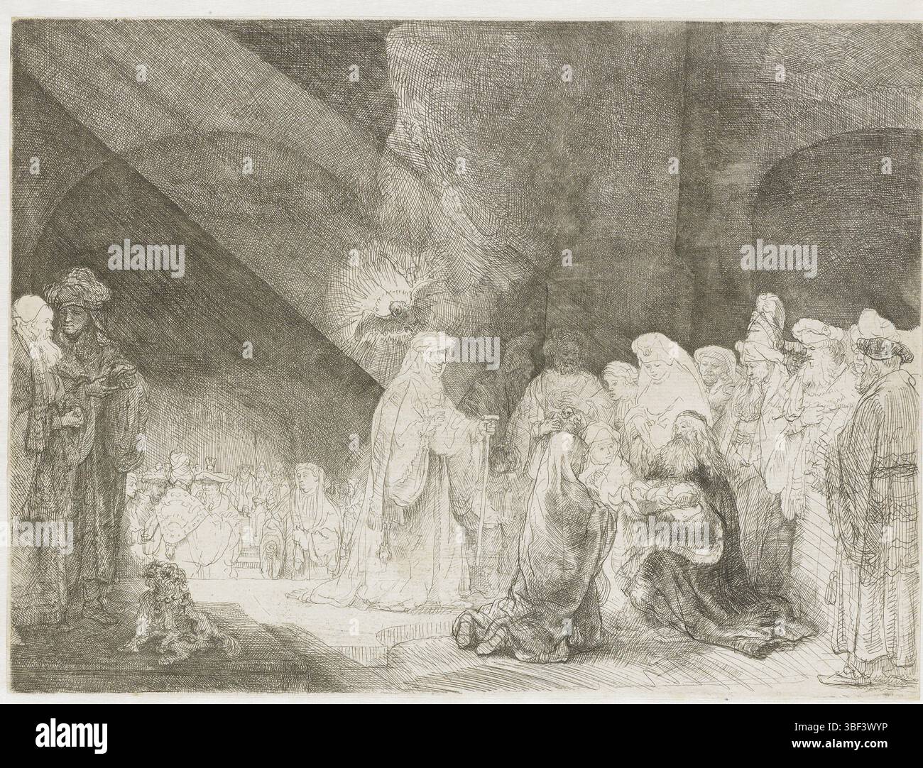 Rijn, Rembrandt van, Rijn, l'inno di Simeon, la presentazione nel tempio, verso il centro sotto, stampa, altezza 213 mm, larghezza 288 mm, olandese del Nord, 1606-07-15 - 1669-10-08, stampatore, 1637 - 1641, secondo quarto del XVII secolo, carta, incisione, ago secco, concezione del lavoro, secondo il suo progetto Foto Stock