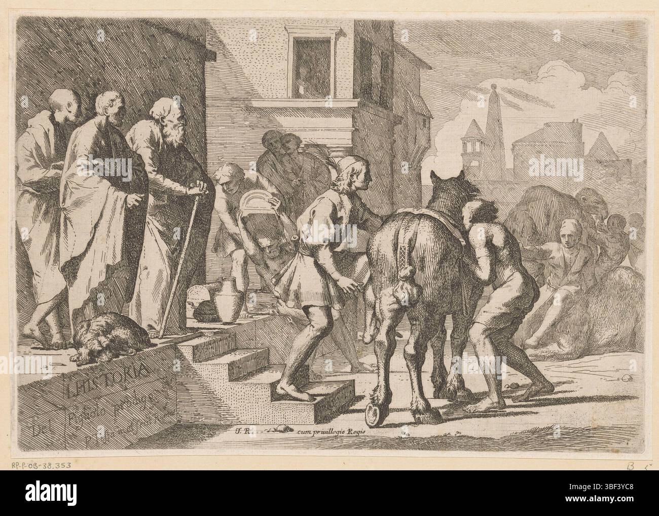 Sconosciuto, J.R., Roma, testa, Pietro, l'Historia del Figliolo prodigo, storia del figlio prodigo, partenza del figlio prodigo, sconosciuto, verso - timbrato, il figlio prodigo sale sul suo cavallo e lascia la sua casa parentale. A sinistra tre uomini e a destra sullo sfondo tre figure con due sognatori., stampa, altezza 205 mm, larghezza 297 mm, italiano, 1612-1650, macchina per stampa, 1621-1650, carta, incisione, platetone, concezione del lavoro, secondo il proprio progetto, pubblicazione (evento), pubblicazione, francese, editore, fornitore di privilegi Foto Stock