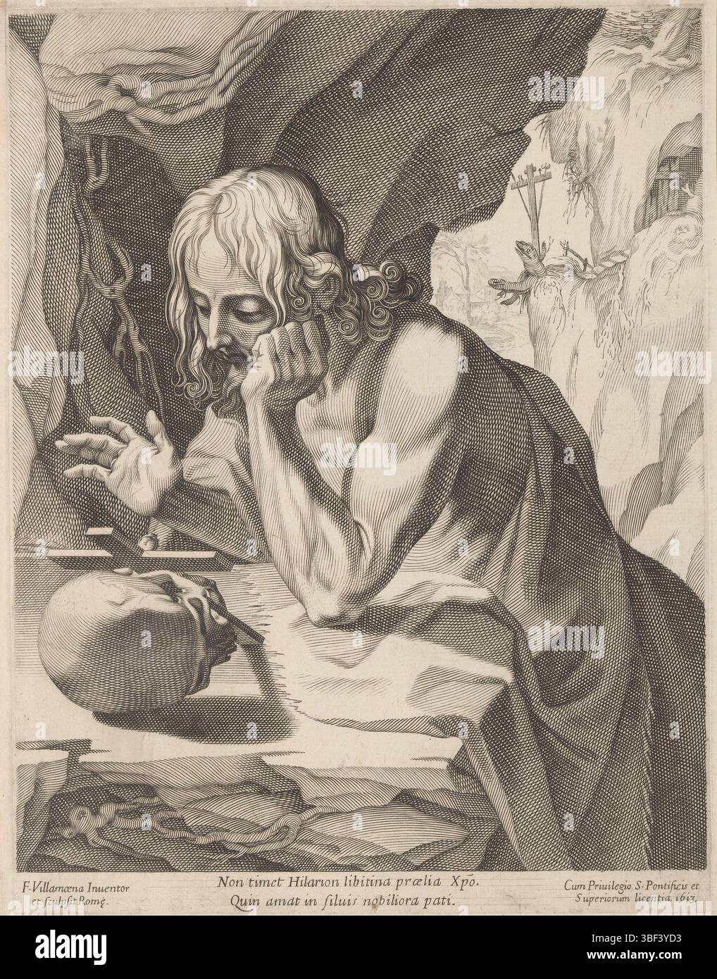 Città del Vaticano, Paolo V, Roma, Villamena, Francesco, Sant'Hilarion, verso - timbrato, Sant'Hilarion di Gaza con croce e cranio. Due righe di testo latino nel margine inferiore., stampa, altezza 312 mm, larghezza 240 mm, italiano, 1566 - 1624-07-07, stampatore, 1613 - 1613, carta, incisione, incisione (processo di stampa), ideazione del lavoro, secondo il design proprietario di, 1552 - 1621, fornitore di privilegi Foto Stock