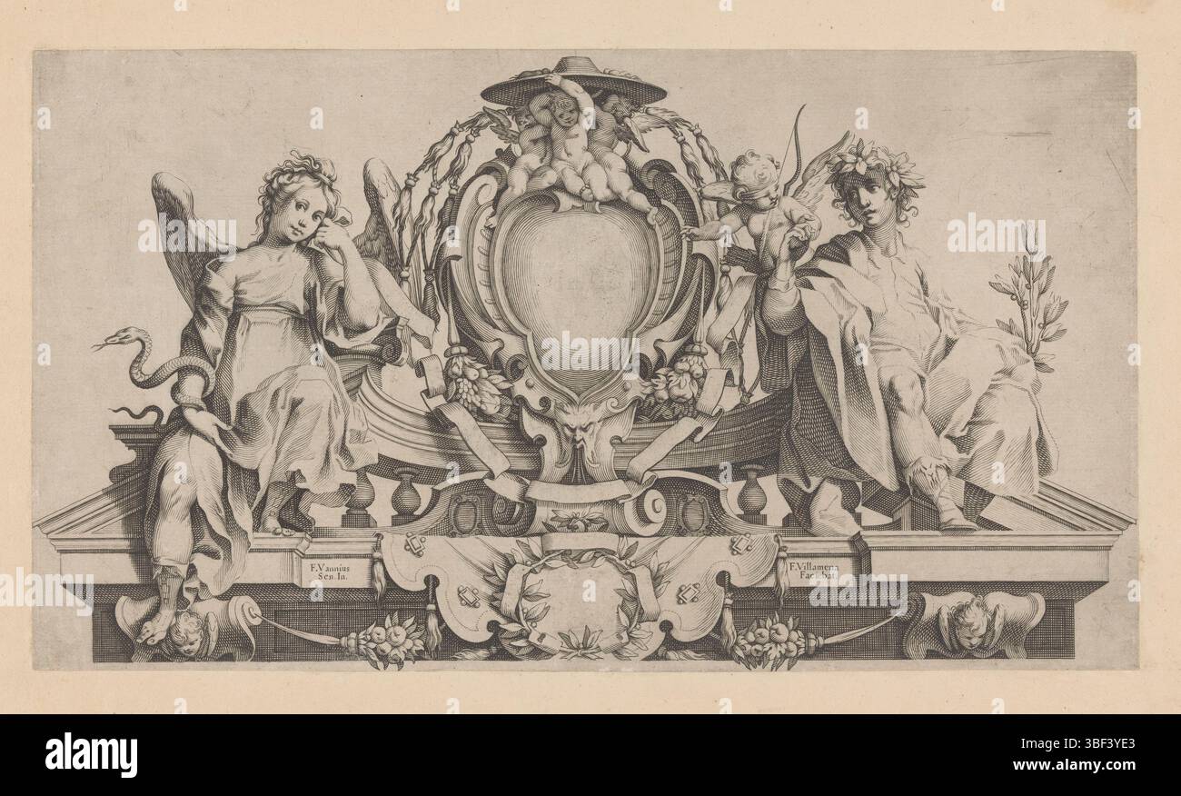 Italia, Vanni, Francesco, Italia, Villamena, cartiglio per lo stemma di un cardinale, verso foglio - stampigliato, al centro un cartiglio vuoto, eventualmente destinato a stemmi intercambiabili. A sinistra e a destra una figura allegorica e sopra il cartiglio un cappello cardinale indossato da tre putti. A destra un Amor. Bendato, stampa, altezza 220 mm, larghezza 393 mm, italiano, 1566 - 1624-07-07, stampatore, 1576 - 1624, carta, incisione, incisione (processo di stampa), tono foglio, concezione lavoro, 1563 - 1610-10-26 Foto Stock
