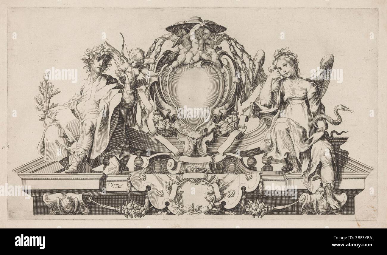 Italia, Vanni, Francesco, Italia, Villamena, cartiglio per lo stemma di un cardinale, stampigliato verso, al centro un cartiglio vuoto, eventualmente destinato a stemmi intercambiabili. A sinistra e a destra una figura allegorica e sopra il cartiglio un cappello cardinale indossato da tre putti. Lasciato un Amor. Bendato, stampa, altezza 228 mm, larghezza 399 mm, stampatore, 1576 - 1576, carta, incisione, incisione (processo di stampa), concezione del lavoro, italiano, 1566 - 1624-07-07, a stampa di, concetto di lavoro, 1563 - 1610-10-26 Foto Stock
