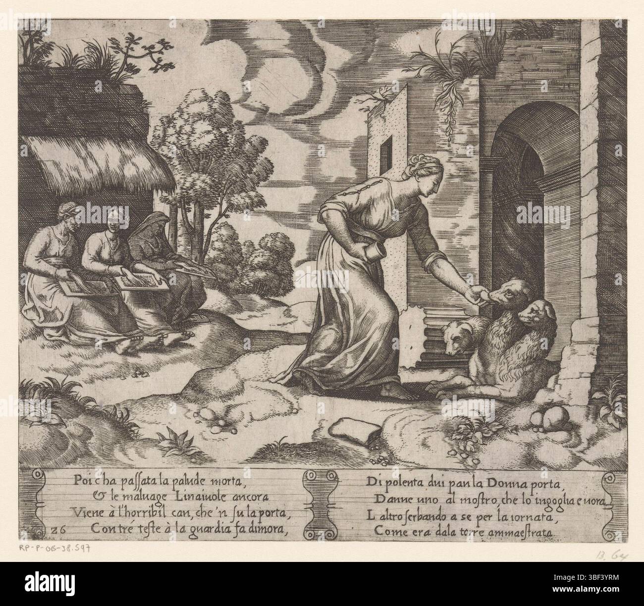 Coxie, Michiel (i), Italia, Maestro dei dadi, storia di Amor e Psiche, Psiche interpreta Cerberus, timbrato verso, il cane a tre teste che custodisce l'ingresso dell'oltretomba. A sinistra ci sono le tre Dee Shag, che ruotano i segni vitali della gente. Testo italiano in due cartigli a margine inferiore. Due numerati in basso a sinistra: 26., stampa, altezza 194 mm, larghezza 226 mm, italiano, tedesco, stampatore, 1530 - 1560, carta, incisione, incisione (processo di stampa), tono piatto, concezione del lavoro, olandese meridionale, 1499 - 1592-03-10 Foto Stock