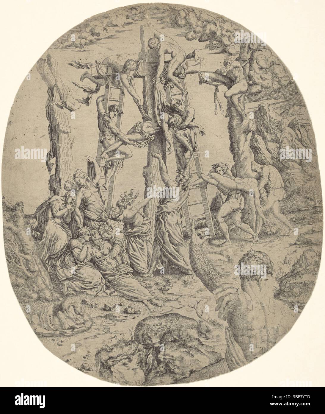 Italia, Raffaello, Italia, Cross Take-Off, verso - timbrato, il corpo di Cristo è rimosso dalla croce. Sinistra e destra le croci a cui i due criminali sono stati crocifissi. Ai piedi dell'incrocio tra le Marias e altre figure piangono, stampa, altezza 461 mm, larghezza 386 mm, stampatore, 1543 - 1543, carta, incisione, incisione (processo di stampa), tono foglio, Work Conception, 1483-04-07 - 1520-04-07 Foto Stock