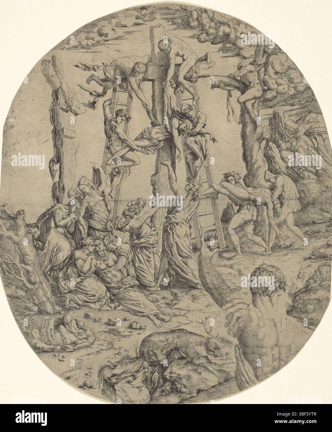 Italia, Raffaello, Italia, Cross Take-Off, verso - timbrato, il corpo di Cristo è rimosso dalla croce. Sinistra e destra le croci a cui i due criminali sono stati crocifissi. Ai piedi dell'incrocio tra le Marias e altre figure piangono, stampa, altezza 463 mm, larghezza 384 mm, stampatore, 1543 - 1543, carta, incisione, incisione (processo di stampa), concezione del lavoro, 1483-04-07 - 1520-04-07 Foto Stock