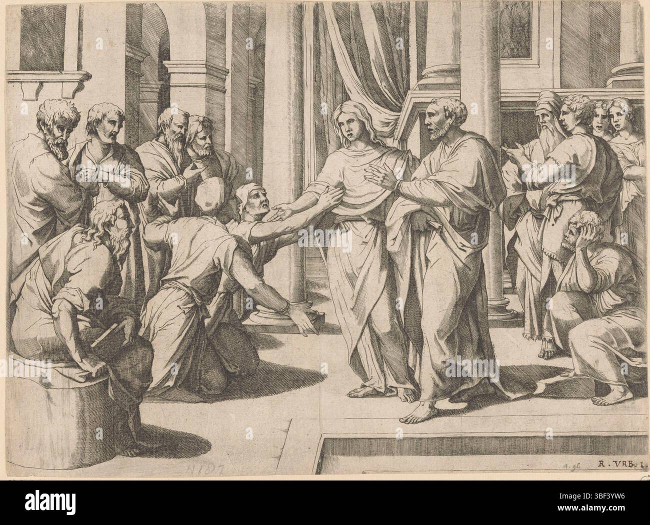 Italia, Bonasone, Giulio, Italia, Raffaello, Cristo nel Tempio, recto in basso a destra - scritto a mano in inchiostro marrone, stampa, verso - timbrato, R. URB. I., altezza 262 mm, larghezza 354 mm, stampatrice, 1500 - 1599, carta, incisione, incisione (processo di stampa), platetone, concezione del lavoro, 1483-04-07 - 1520-04-07, dopo il design di, italiano, 1510 - 1576 Foto Stock