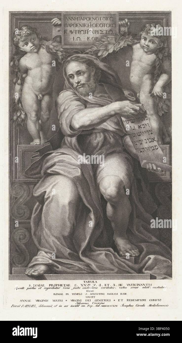 Roma, Raffaello, Italia, Cereda, Giuseppe, profeta Isaia, Roma, profeta Isaia con un rotolo. Dietro di lui due putti con una garlande. Testo in margine., stampa, altezza 480 mm, larghezza 277 mm, stampatore, 1700 - 1799, carta, incisione, incisione (processo di stampa), incisione, drago intermedio, dopo il disegno del, 1483-04-07 - 1520-04-07, dopo la pittura di Foto Stock