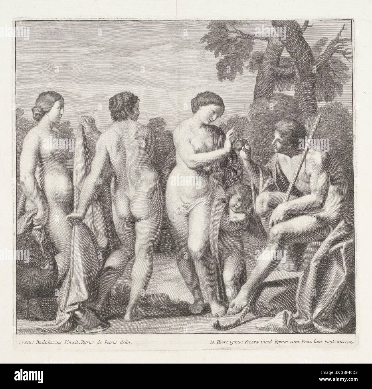 Città del Vaticano, Clemens XI, Italia, Badalocchio, Sisto, Pietri, Pietro Antonio de, Roma, Frezza, Giovanni Girolamo, il giudizio di Parigi, verso - timbrato, Parigi siede proprio e di fronte a lui ci sono la dea Venere, Giunone e Minerva. Dà a Venere la mela d'oro., stampa, altezza 385 mm, larghezza 400 mm, italiano, 1659 - 1748, stampatore, 1704 - 1704, carta, incisione, incisione (processo di stampa), 1663-02-20 - 1716-12-20, tiratore intermedio, dopo il disegno, 1585 - 1647, dopo, dopo la verniciatura, 1649-07-22 - 1721-03-19, fornitore di privilegi Foto Stock
