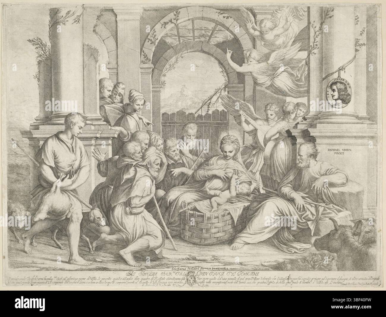 Venezia, Scolari, Stefano, Italia, Raffaello, po, Pietro del, Adorazione dei pastori, Venezia, timbrato verso, la Sacra famiglia si trova di fronte a una rovina di un edificio ed è circondata da pastori e angeli che adorano il bambino Cristo. 1610 - 1692-07-22, dragatore intermedio, dopo disegno, 1483-04-07 - 1520-04-07, dopo la verniciatura, pubblicazione, editore Foto Stock