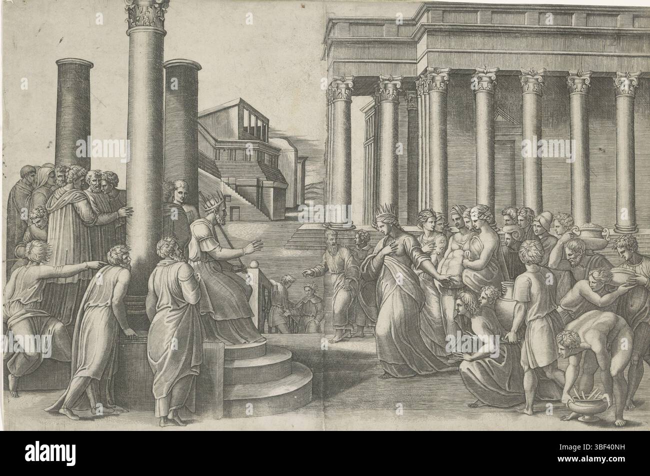 Italia, Raffaello, Italia, Raimondi, Marcantonio, Salomone e la regina di Seba, timbrata verso, la regina di Seba sta con le sue compagne femminili per il re Salomone e il suo risultato di uomini. Sullo sfondo il Tempio di Salomone., stampa, altezza 385 mm, larghezza 564 mm, italiano, 1482 - 1534, stampatore, 1490 - 1527, carta, incisione, incisione (processo di stampa), 1483-04-07 - 1520-04-07, dopo la verniciatura Foto Stock