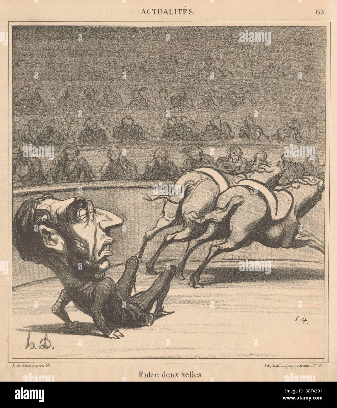 Parigi, Vresse, Arnauld de, Parigi, Destouches, Daumier, Honoré, Actualités, notizie recenti, Entre deux vende, caricatura del politico Émile Ollivier come cavaliere caduto, verso - timbrato, caricatura, stampe, altezza 287 mm, larghezza 257 mm, francese, 1808-02-26 - 1879-02-10, stampatrice, 1869 - 1869, carta, litografia (tecnica), tipografia, pubblicazione (evento), pubblicazione, editore Foto Stock