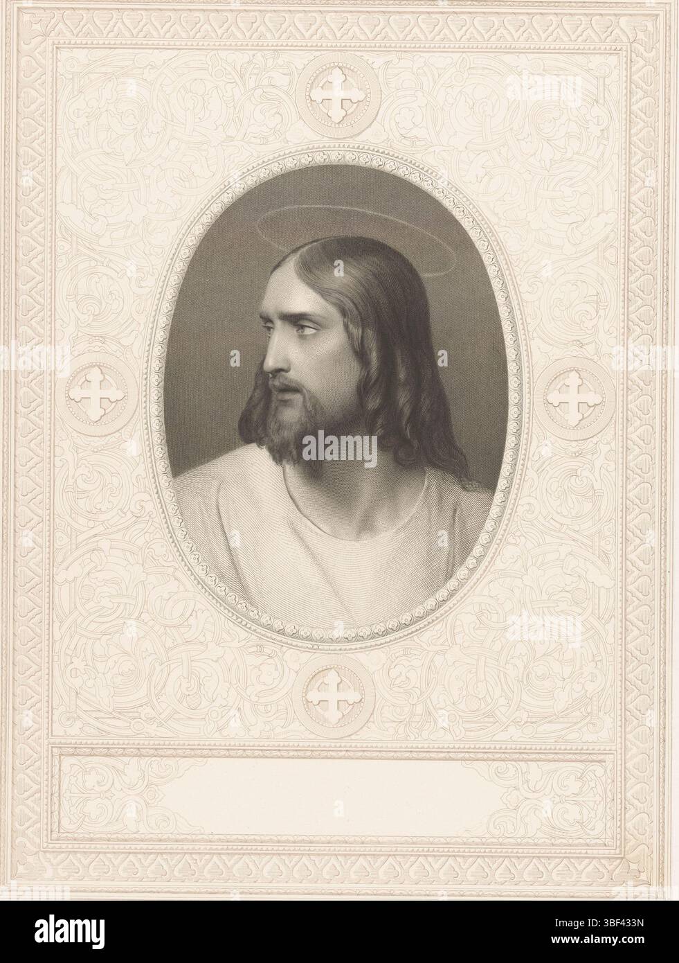 Berlin, Sachse & Co., L., Londra, Anaglyphic Company, Parigi, Goupil, Vibert & Cie, Francia, Chardon ainé & Aze., Delaroche, Paul, Blanchard, Auguste Thomas Marie, Cristo in una lista decorata, Berlino, recto-preged, stampa, verso-stamp, altezza 379 mm, larghezza 292 mm, altezza 356 mm, larghezza 265 mm, 1819 - 1898-05-23, stampatrice, 1844 - 1844, carta, incisione, incisione in acciaio, Frans, 1797-07-17 - 1856-11-04, dopo, pittura, francese, stampante, pubblicazione (evento), pubblicazione, editore, pubblicazione, inglese, ecc. Foto Stock