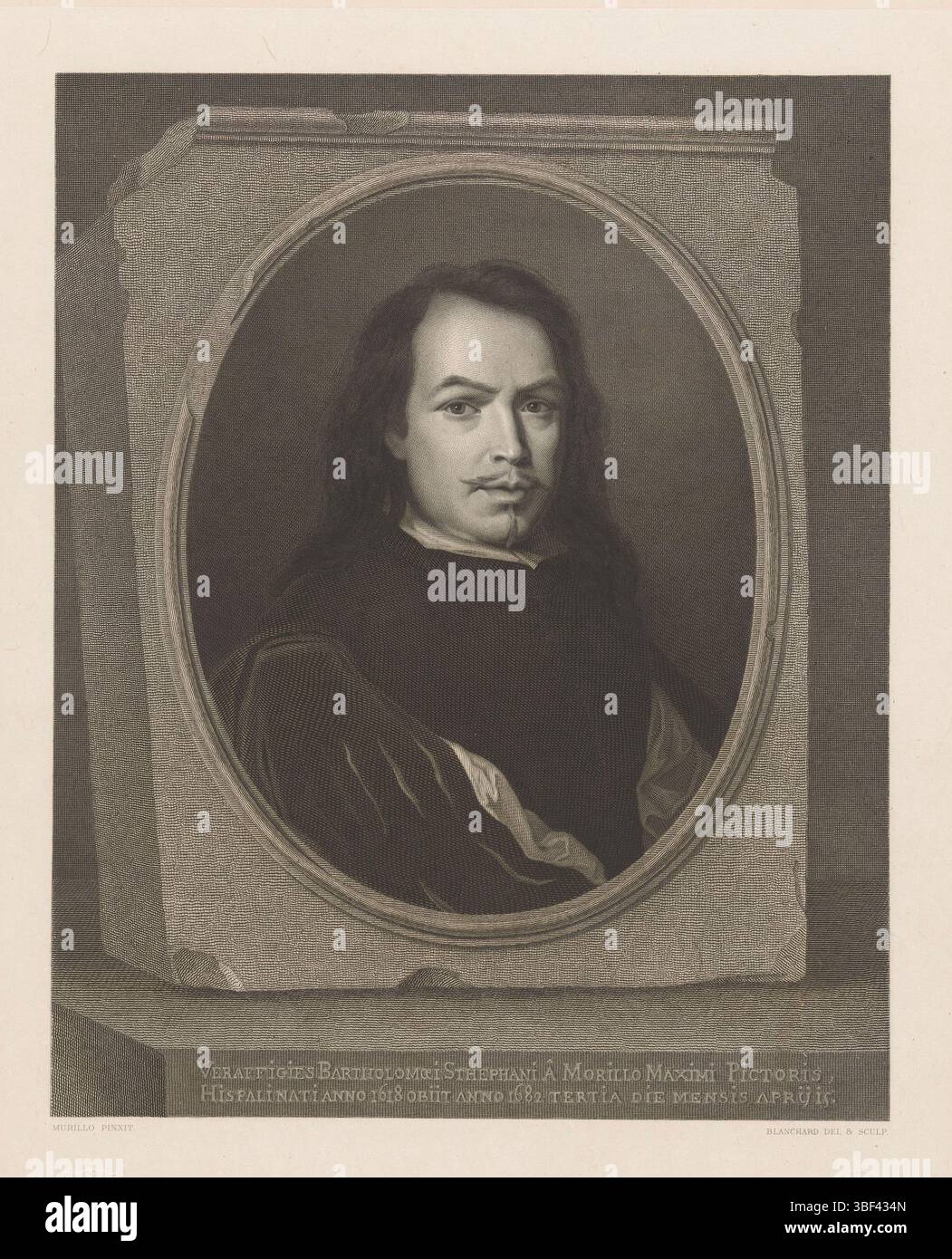 Londra, Henry Graves & Co., Parigi, Gache, Henry, Francia, Chardon ainé & Aze., Murillo, Bartolomé Esteban, Blanchard, Auguste Jean Baptiste Marie, II, Auguste Thomas Marie, Londra, recto, stampato, stampe, Ritratto di Bartolomé Murillo, Veraffigies Bartholomaei Stephani â Morillo Maximi, verso - stampato, recto-preegd, altezza 391 mm, larghezza 298 mm, 1819 - 1898-05-23, stampatore, 1802 - 1898, carta, chine collé, incisione in acciaio, francese, 1792 - 1849, stelografia, 1898 mm Foto Stock
