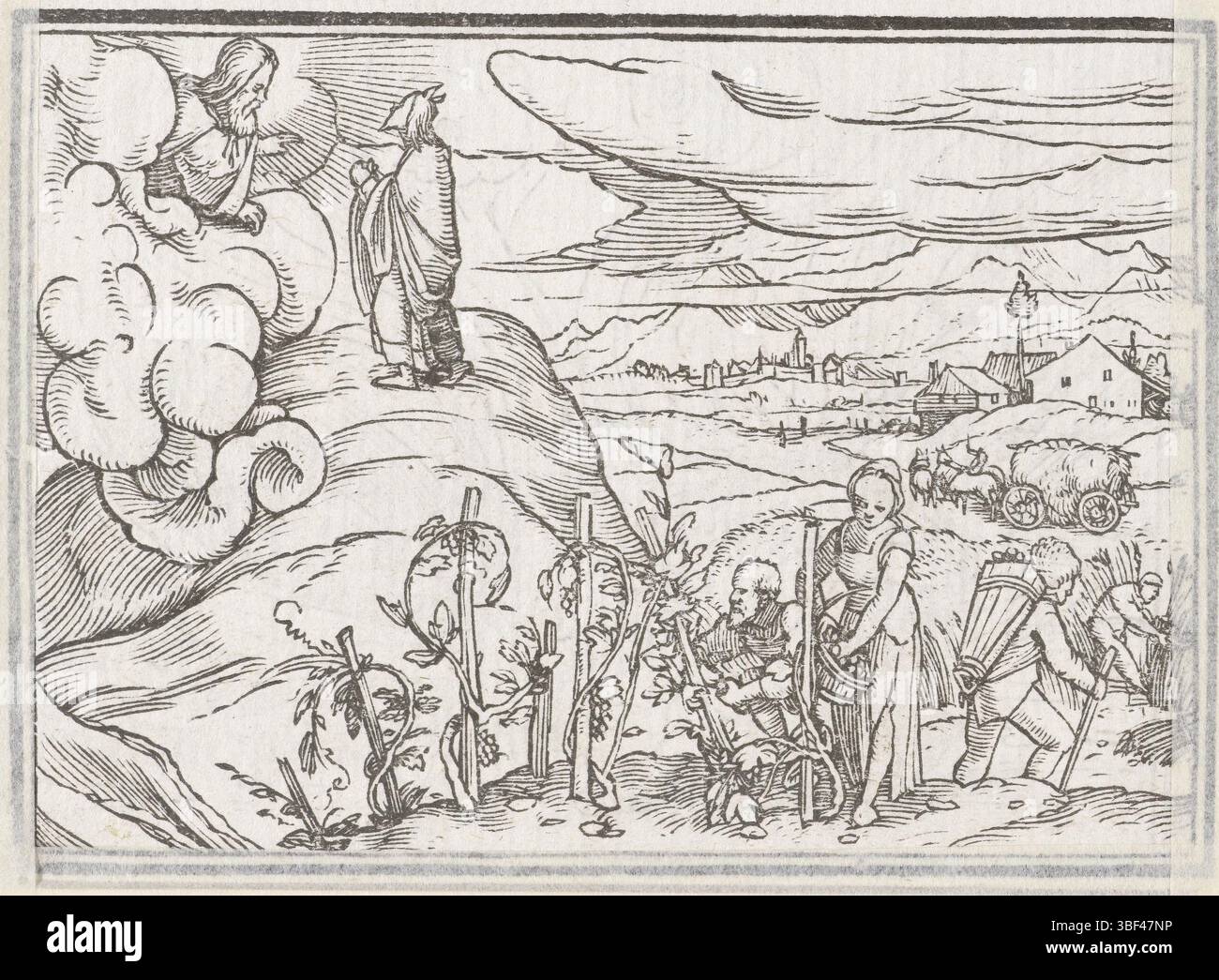 Specklin, Veit Rudolf, Holbein, Hans (II), Mosè riceve le regole per la vendemmia e l'annata, Mosè si trova sul Monte Sinai e riceve ordini da Dio sulla raccolta di colture e vino. In primo piano ci sono gli Israeliti che lavorano sulla terra, e in lontananza c'è un carro carico di fieno. Nel margine sopra l'immagine c'è il testo Levitici XIX., stampa, illustrazione del libro, stampe, altezza 60 mm, larghezza 85 mm, altezza 83 mm, larghezza 91 mm, tedesco, 1498 - 1543-11-29, stampatore, 1538 - 1538, secondo quarto del XVI secolo, carta, legno, francese - 1550, taglierina a blocchi Foto Stock