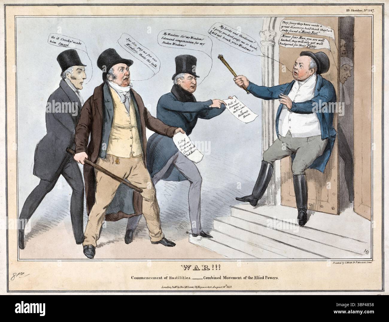 Una stampa litografia colorata della guerra inizio delle ostilità 1831 acquerello su carta vintage 19th Century di John Doyle e Charles e P Motte pubblicato da Thomas McLean antico cartoni d'arte stampata. Schizzo politico Foto Stock