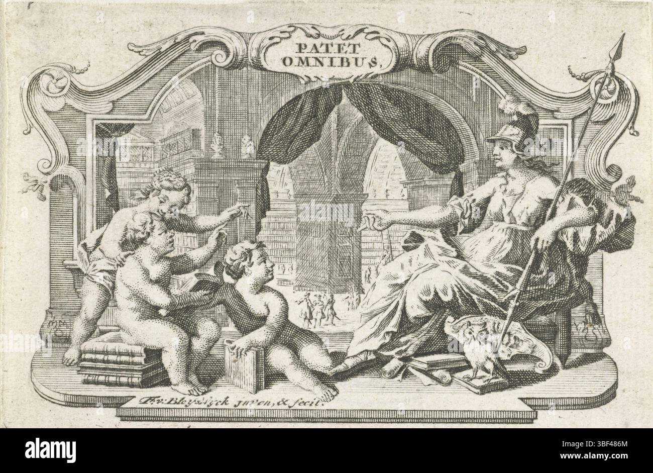 Bleyswijck, Francois van, Leiden, Bleyswijck, Title vignette con biblioteca e dea Minerva e putti con libri, verso centro sotto - timbrato, Title vignette con interno di grande biblioteca in cornice con nomi riccioli. Per la lista, la dea Minerva troni con putti che consultano libri, stampa, altezza 68 mm, larghezza 102 mm, Noord-Nederlands, 1671-05-24 - 1746-10-15, stampatore, 1681 - 1746, quarto quarto quarto xvii secolo, primo quarto xviii secolo, secondo quarto xviii secolo, carta, incisione, incisione (processo di stampa), Work Concept, Paesi Bassi del Nord, secondo il suo progetto Foto Stock