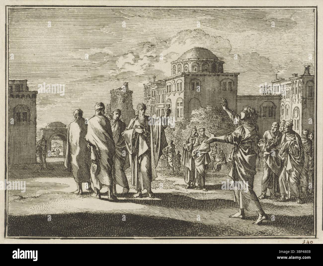 Amsterdam, Luyken, Jan, Paulus guarisce una donna posseduta, Amsterdam, recto - scrittura a mano con inchiostro marrone, stampa, verso - timbrato, 140, altezza 117 mm, larghezza 154 mm, Noord-Nederlands, 1649-04-16 - 1712-04-05, stampatore, 1712 - 1712, carta, incisione, incisione Foto Stock