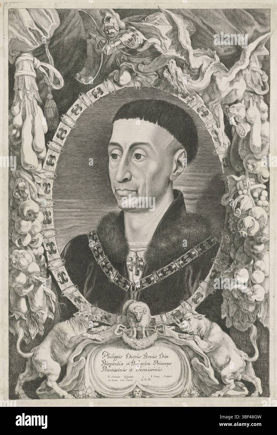 Ferdinando III (imperatore tedesco), Haarlem, Soutman, Pieter Claesz., Eyck, Jan van, Louys, Jacob, duces Burgundiae, Ritratto di Filippo il buono, verso - timbrato, Duca di Borgogna. Intorno al collo una catena con l'ordine del pile d'oro., stampa, altezza 414 mm, larghezza 280 mm, 1595-10-02 - 1635, stampatore, 1644 - 1650, carta, incisione, incisione (processo di stampa), incisione, Noord-Nederlands, 1601 - 1657-08-16, tipografo intermedio, dopo aver attinto da, olandese meridionale, 1390 - 1441, dopo, per pittura, pubblicazione (evento), pubblicazione, Paesi Bassi del Nord, editore, tedesco, 1608-07-13 - 1657-04-02 Foto Stock