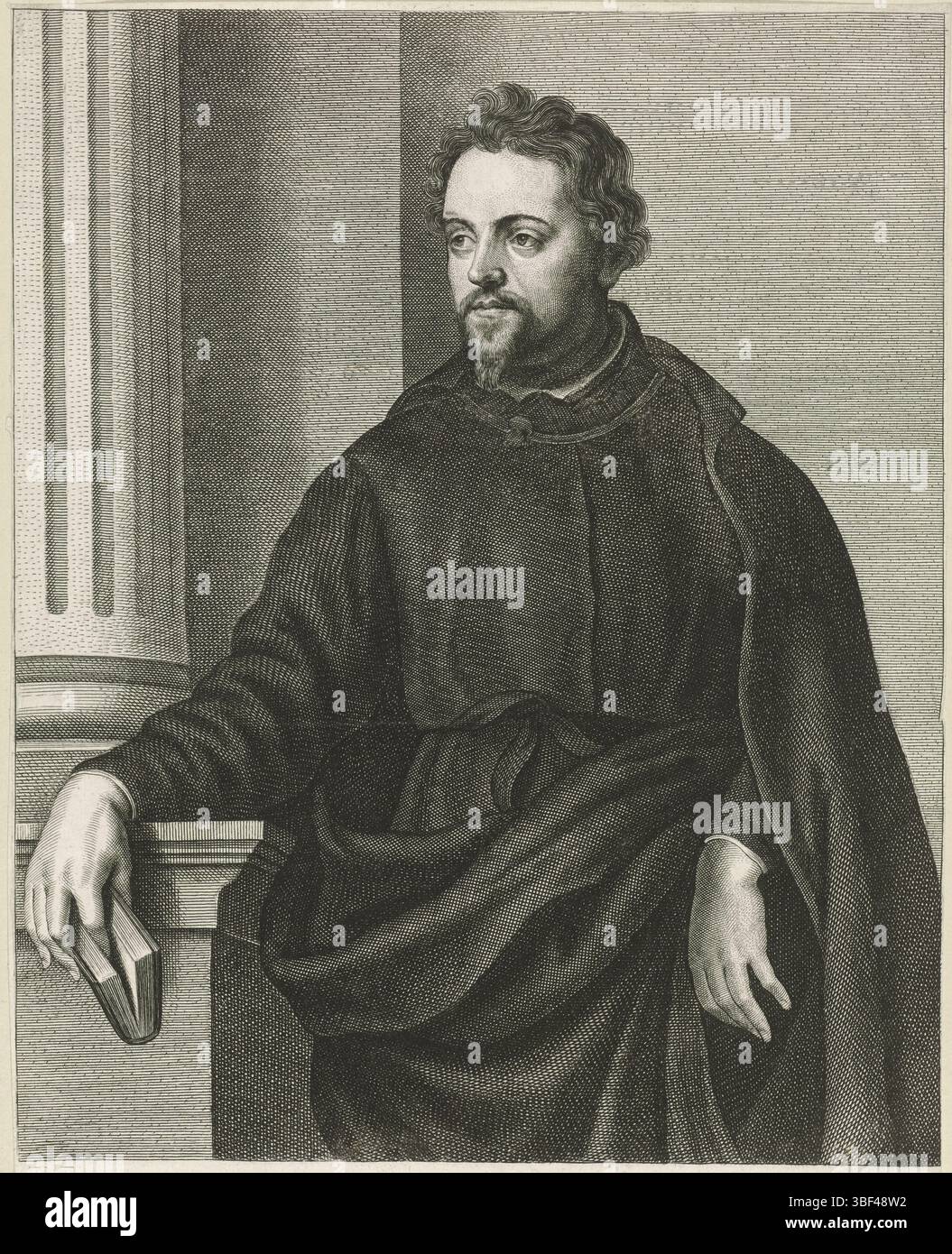 Dyck, Anthony van, Anversa, Lommelin, Adriaen, ritratto di Jan Baptist van Bisthoven, recto - scrittura a mano in inchiostro marrone, Jezuiet e rettore del collegio di Aalst., stampa, verso - timbrato, R.P. Joannes Baptista De Bishoven   e Societe Jesu, altezza 281 mm, larghezza 214 mm, stampatore, 1630 - 1677, carta, incisione, incisione (processo di stampa), fiammingo, olandese, 1599-03-2 - 1641-12-09 Foto Stock