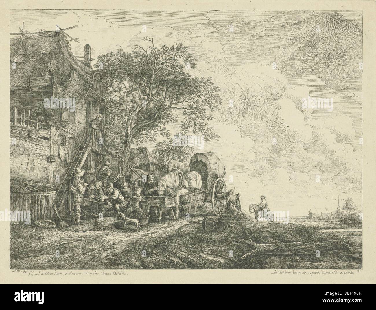 Ostade, Isaac van, Anversa, le Masurier, S., azienda agricola in una locanda, Anversa, timbrata verso, festa all'aperto intorno al tavolo di una locanda, la padrona di casa guarda dal balcone. Al centro un cavallo e un carrello in un vassoio di alimentazione. Stampa, altezza 320 mm, larghezza 424 mm, 1710, Printmaker, 1720 - 1820, carta, incisione, Paesi Bassi settentrionali, 1621-06-02 - 1649-10-16 Foto Stock