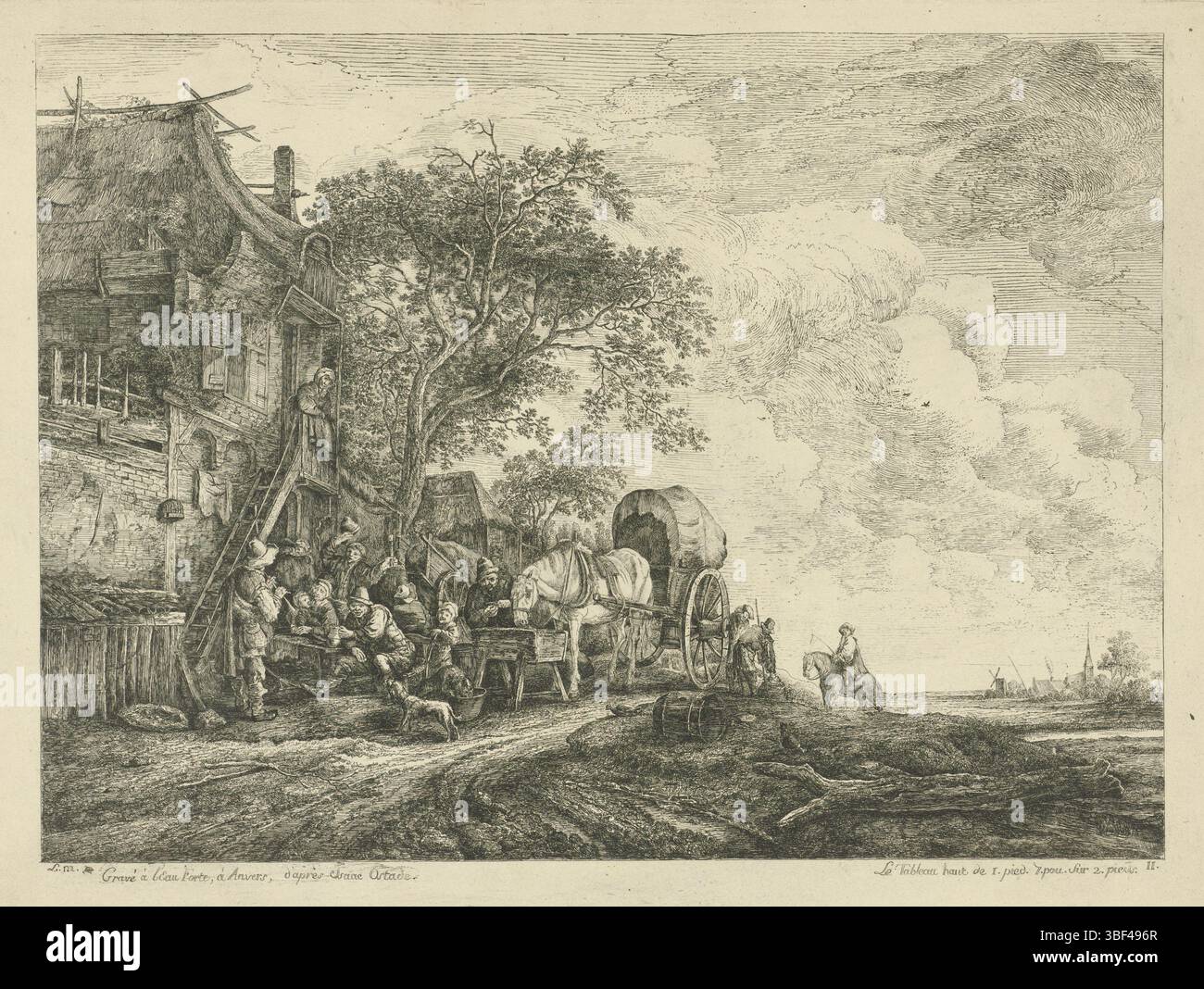 Ostade, Isaac van, le Masurier, S., azienda agricola in una locanda, stampato verso, azienda agricola fuori intorno al tavolo di una locanda, la padrona di casa guarda dal balcone. Al centro un cavallo e un carrello in una scatola di alimentazione, stampa, altezza 322 mm, larghezza 424 mm, 1710, Printmaker, 1720 - 1820, carta, incisione, Paesi Bassi settentrionali, 1621-06-02 - 1649-10-16 Foto Stock