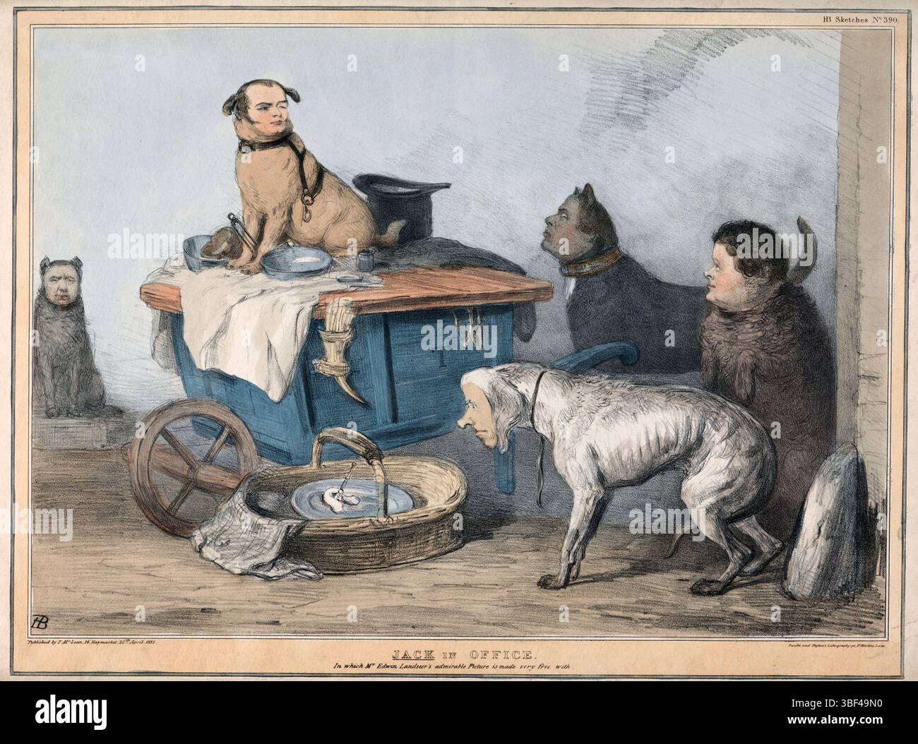 Una stampa colorata di Jack in ufficio 1835, acquerello su carta vintage 19th Century di John Doyle e Un Ducote pubblicato da Thomas McLean cartoni d'arte antica stampata. Caricature umane cani con facce da uomo, sketch politico Foto Stock