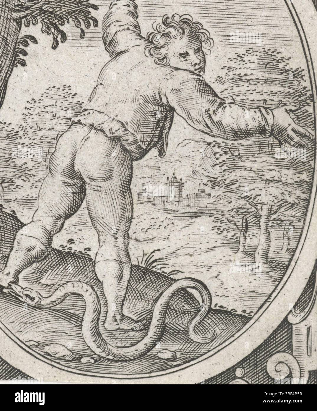 Anversa, Gioda, Gerardo de, Gnomae seu sententiae vitae utiles ex ecclesiastico, saggezza di Gesù Sirach, parte destra, Anversa, cornice ornamentale con medaglione in cui un paesaggio con un uomo, visto sulla schiena. Viene morso nel tallone da un serpente. Da parte del signore. 21:2: 'Volo per peccati come per un serpente, stampa, altezza 78 mm, larghezza 64 mm, pubblicazione (evento), pubblicazione, Paesi Bassi del Nord, 1509 - 1591-02-05, editore, 1547 - 1591, carta, incisione, incisione (processo di stampa), stampatrice, stampatrice Foto Stock