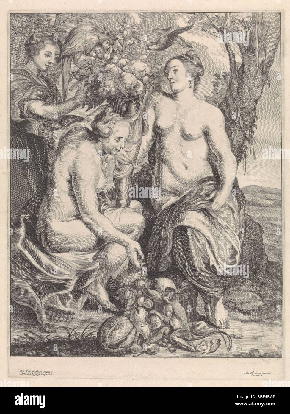 Anversa, Gillis Hendricx, Rubens, Peter Paul, Kessel, Theodorus van, il corno dell'abbondanza, Anversa, verso - stampato, in un paesaggio sotto gli alberi ci sono due ninfe e una giovane donna accanto al corno dell'abbondanza. Sul terreno c'è una scimmia a cui viene dato un ramo di albicocche da una delle ninfe e sul frutto che sgorga dal corno è un pappagallo., stampa, incisione, incisione (processo di stampa), Zuid-Nederlands, 1577-06-28 - 1640-05-30, dopo, per pittura, pubblicazione, editore Foto Stock
