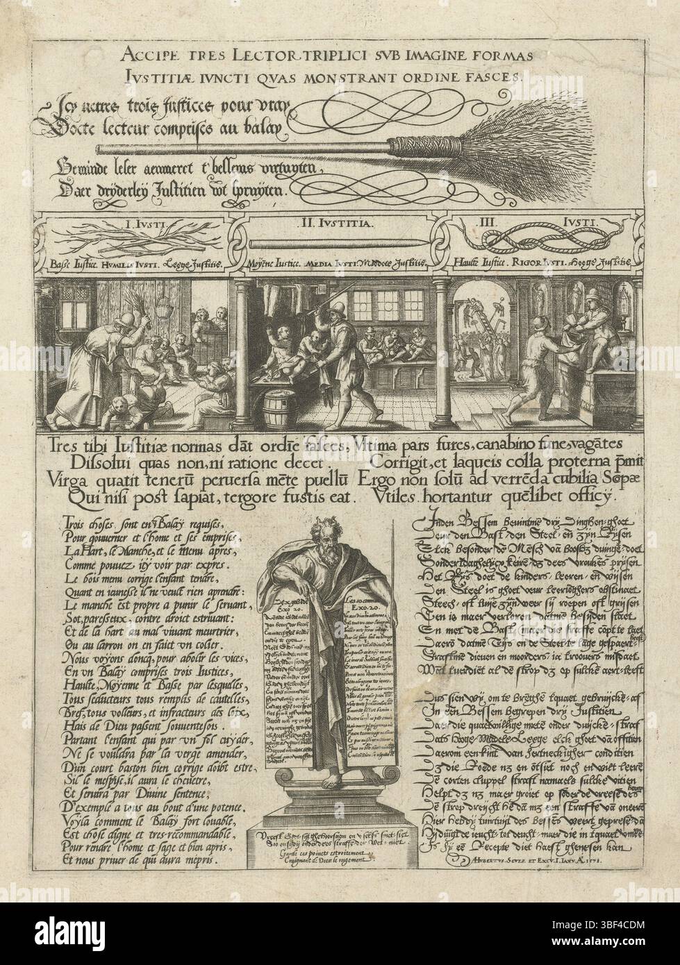 Anversa, Huybrechts, Adriaen (i), Anversa, accie tres lector tripleici sub Imagine formas iustitiae iuncti qvas mostrant ordine fasces, Mosè con le tavole della legge e tre modi di punizione, con il verso-timbrato, lascia con una scopa. Di seguito sono riportate tre immagini che mostrano come sono le diverse parti della scopa; rami, bastone e corda, possono essere utilizzati nelle punizioni. In fondo a Mosè con le tavole della legge. I testi sono in latino, francese e olandese. Stampa, altezza 298 mm, larghezza 220 mm, - 1614, stampatore, 1578 - 1578, carta, incisione, incisione (processo di stampa), pubblicazione (evento), PU Foto Stock