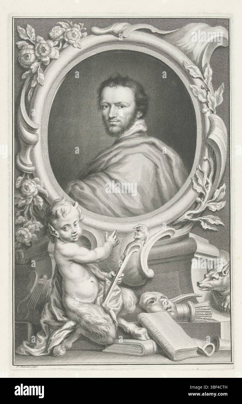 Oliver, Isaac, Amsterdam, Houbraken, Jacob, ritratto di Benjamin Jonson, recto al centro - scritto a mano, Ritratto del drammaturgo, attore e poeta Benjamin Jonson, con sotto il ritratto un giovane sater con la testa di un narratore su un bastone, circondato da attributi di Apollo come protettore dio della poesia e delle arti; verricello, maschera, lupo e caso freccia., stampa, verso in basso a sinistra - timbrato, Ben. Johnson, altezza 365 mm, larghezza 231 mm, Paesi Bassi settentrionali, 1698-12-25 - 1780-11-14, stampatrice, 1736 - 1738, carta, incisione, incisione, penna, inglese, 1565 - 1617-10-02 Foto Stock