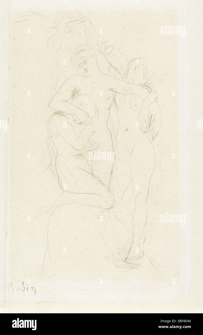 Rodin, Auguste, Rodin, Ames du Purgatory, Souls in Purgatory, tre donne con le braccia in aggrovigliamento, tre donne con le braccia in piedi impigliate e sedute sotto un albero. Questo albero è visto come l'albero della conoscenza del bene e del male sotto il quale le donne piangono i loro peccati e cercano sostegno insieme. Sono in purgatorio., stampa, altezza 154 mm, larghezza 97 mm, francese, 1840-11-12 - 1917-11-17, stampatore, 1893 - 1893, quarto quarto quarto del xix secolo, carta, ago secco, tiratore intermedio Foto Stock