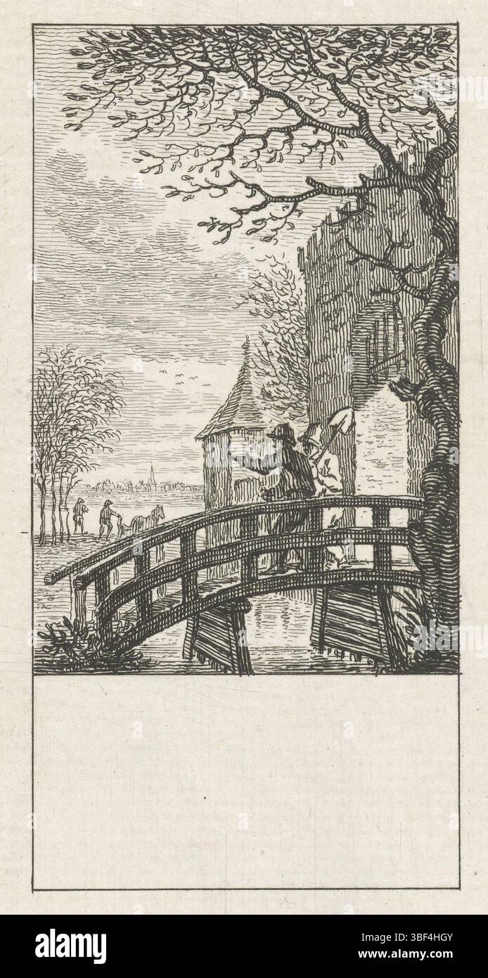 Amsterdam, Fokke, Simon, i dodici mesi, aprile, Amsterdam, verso - timbrato, da una serie di dodici stampe, l'immaginazione del mese di aprile. Le figure lasciano la città attraverso un cancello cittadino per lavorare su terra., stampa, altezza 106 mm, larghezza 61 mm, Noord-Nederlands, 1712-09-01 - 1784-04-10, stampatore, 1722 - 1784, carta, incisione, incisione Foto Stock