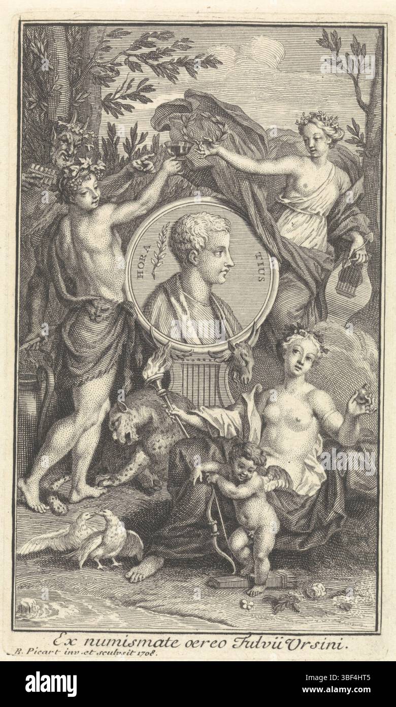 Picart, Bernard, Amsterdam, Picart, Home Page: Q. Horatius Flaccus, oeuvres, 1735, Ritratto di Orazio, verso in basso a sinistra - timbrato, Medaglione con ritratto del poeta romano Quinto Horatius Flaccus. Apollo e poesia tiepidi e brindisi a lui. Pan punta al bicchiere di vino nella mano di Apollo. In primo piano Venere e Amor, accompagnati da due piccioni, stampa, frontespizio, stampe, altezza 145 mm, larghezza 85 mm, Noord-Nederlands, 1673-06-11 - 1733-05-08, stampatore, 1708 - 1708, primo quarto del xviii secolo, carta, incisione, incisione (processo di stampa), concetto di lavoro, secondo il suo Foto Stock