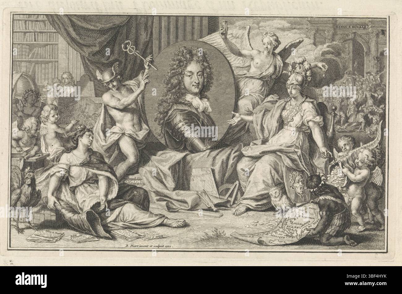 Picart, Bernardo, Amsterdam, Picart, allegorie sull'economia francese con il ritratto di Filippo II, duca d'Orléans, verso in basso a sinistra - timbrato, Ritratto di Filippo II, duca d'Orléans. A sinistra c'è la triste personificazione della Francia, con un corno vuoto, obbligazioni e lettere di debito ai piedi. Dietro il ritratto una donna alata con una clessidra circondata da nuvole, che si riferisce al commercio del vento e al tempo che si spezzerà. Mercurius richiama l'attenzione della Francia sul ritratto del duca, che nel 1716 diede all'economista scozzese John Law il permesso di istituire una banca per stimolare l'economia francese. M Foto Stock