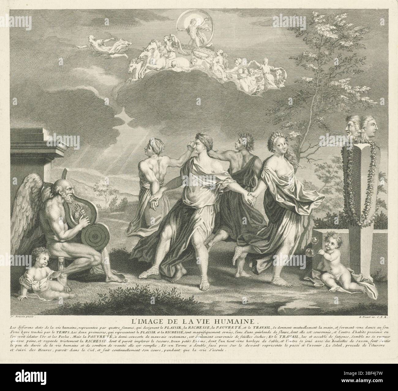 Luigi XIV (re di Francia), Parigi, Picart, Bernardo, Poussin, Nicolas, l'image de la vie humaine, allegorie alle fasi della vita umana, verso sinistra - timbrato, paesaggio con quattro donne danzanti che personificano il piacere, la ricchezza, la povertà e il lavoro. Ha lasciato padre tempo giocando l'argano e un putto con una clessidra. Una Janushead a destra e un putto che soffia bolle. Nel cielo Apollo nel carro solare, trainato da quattro cavalli, e preceduto da Aurora. Nel margine, una didascalia di sei righe in francese., stampa, altezza 280 mm, larghezza 312 mm, olandese settentrionale, 1673-06-11 - 1733-05-08, stampatore, 1693 - 1710, carta Foto Stock