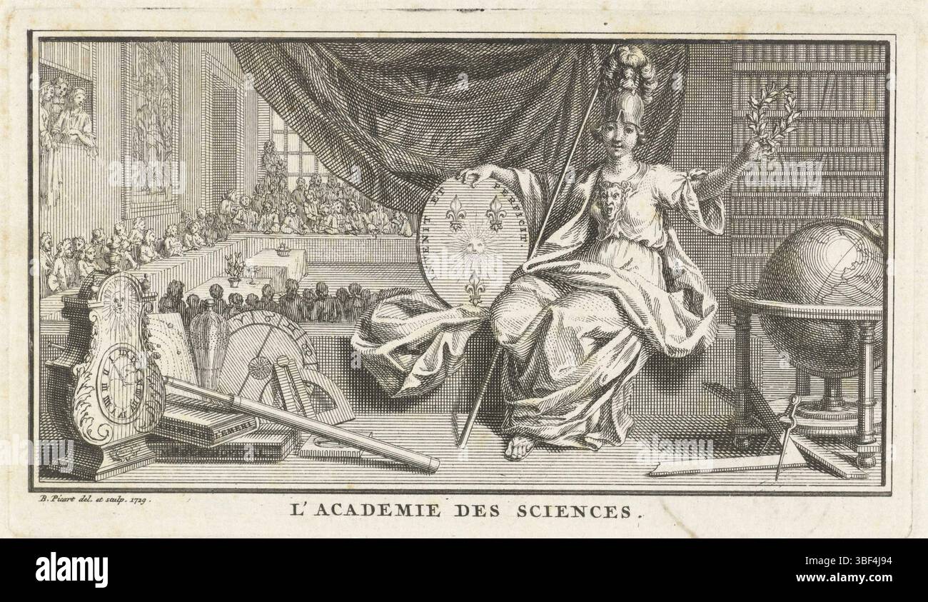 Picart, Bernard, Amsterdam, Picart, l'Academie des Sciences, allegorie op wetenschappen, verso a sinistra - timbrato, Minerva, dea della saggezza, con lo stemma francese e una corona d'alloro nelle mani. Lasciato sullo sfondo una sala conferenze dell'Accademia delle scienze dove si tiene una lezione., stampa, altezza 77 mm, larghezza 132 mm, Noord-Nederlands, 1673-06-11 - 1733-05-08, stampatore, 1729 - 1729, secondo quarto del xviii secolo, carta, incisione, incisione (processo di stampa), Paesi Bassi del Nord, drammaturgo intermedio Foto Stock