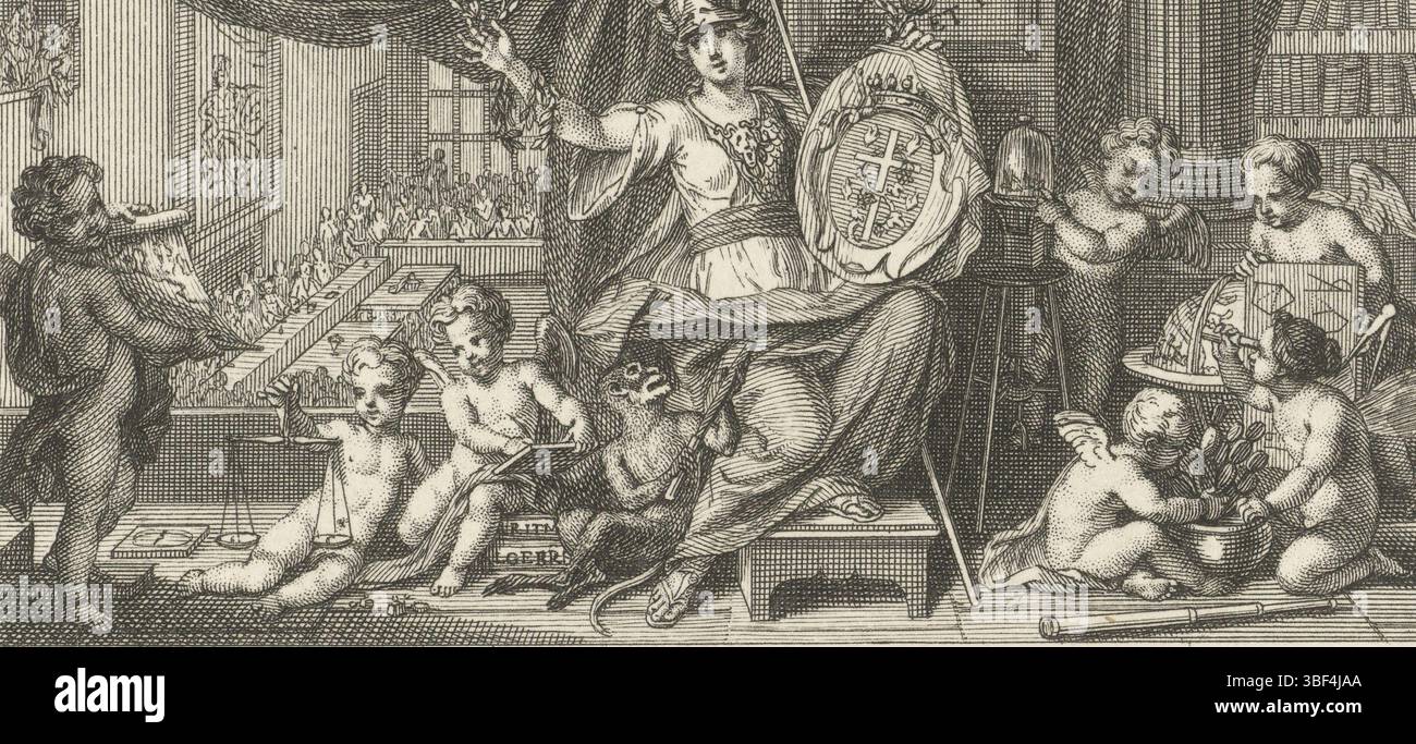 Picart, Bernard, Amsterdam, Picart, allegorie op wetenschappen, verso rechtonder - gestampata, Minerva, dea della saggezza, con lo stemma francese e una corona d'alloro nelle mani. Lasciato sullo sfondo una sala conferenze dell'Accademia delle scienze dove si tiene una lezione., stampa, altezza 65 mm, larghezza 113 mm, Noord-Nederlands, 1673-06-11 - 1733-05-08, stampatore, 1709 - 1709, primo quarto del xviii secolo, carta, incisione, incisione (processo di stampa), Paesi Bassi del Nord, drammaturgo intermedio Foto Stock