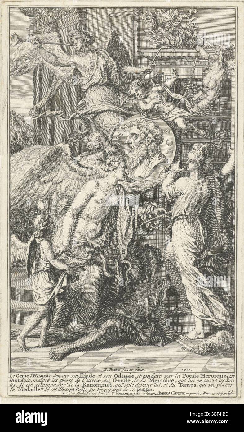 Picart, Bernard, Amsterdam, Picart, Home Page: A. Dacier, l'Iliade d'Homère, 1712, allegorie op het genius van Homerus, verso rechtsonder - gestamped, la personificazione della poesia eroica conduce un ragazzo, che simboleggia il genio di Omero, al tempio della memoria. Envy (Invidia) cerca di fermarli. Mnemosyne, la dea della memoria, apre le porte del tempio. Padre tempo appende un mediallone ritratto di Omero sopra l'ingresso. Nel cielo Faam (fama) soffiando la tromba. Al margine una didascalia di cinque righe in francese., stampa, frontespizio, stampa, altezza 142 mm, larghezza 85 mm, Noord-Nederlands, 1673-06-11 - Foto Stock