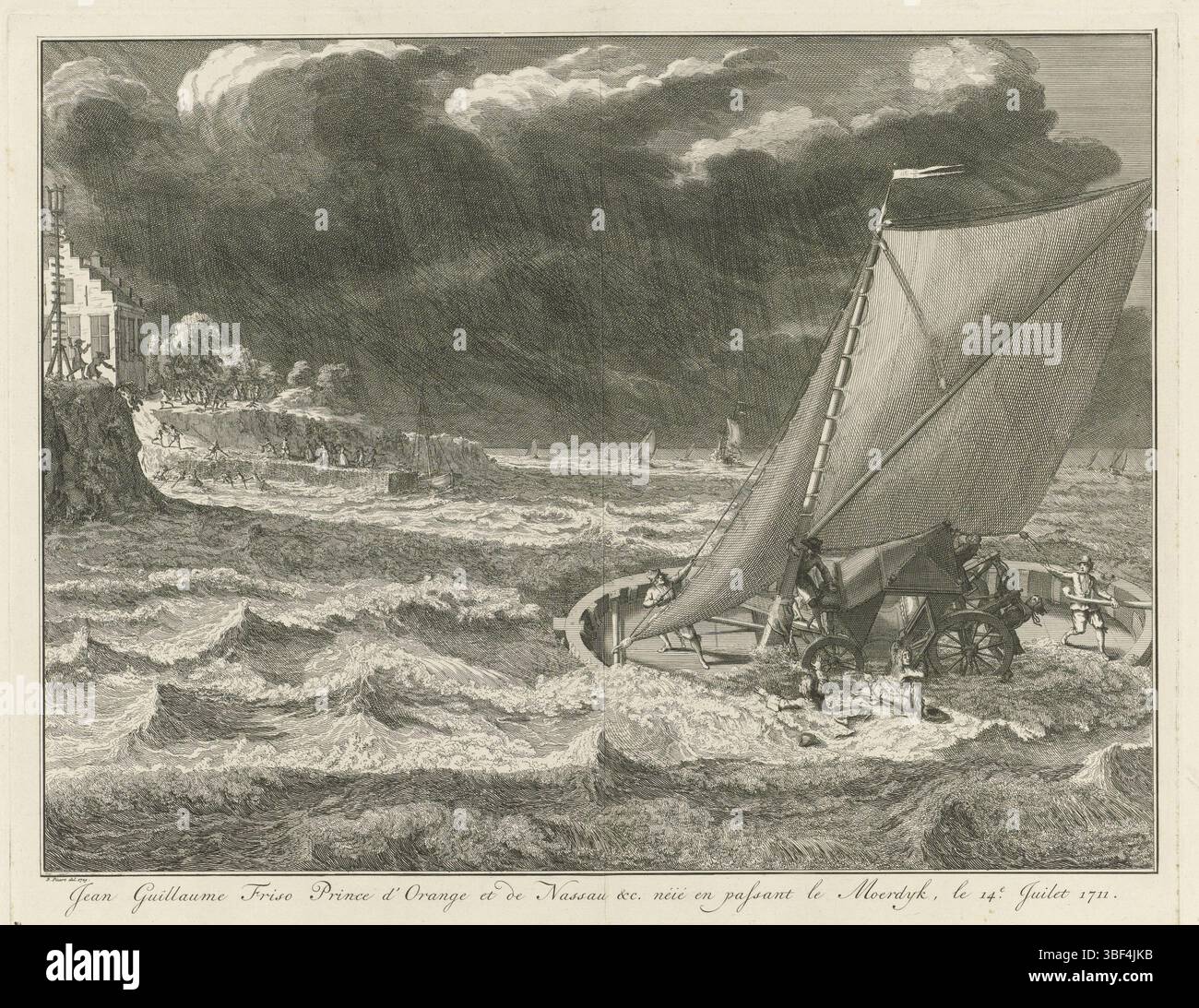 Amsterdam, Picart, Bernard, Amsterdam, Jean Guillaume Friso Prince d'Orange et de Nassau e c.. Neie en passant le Moerdyk, le 14e Juilet 1711, annegamento morte del principe Johan Willem Friso, 1711, verso in basso a destra - timbrato, Johan Willem Friso, principe di Orange-Nassau, annegò durante l'attraversamento del Moerdijk durante il maltempo il 14 luglio 1711. La barca su cui si trova il capo del principe e diverse persone hanno colpito l'acqua; stampa, altezza 275 mm, larghezza 350 mm, Paesi Bassi del Nord, 1673-06-11 - 1733-05-08, stampatore, 1729 - 1729, secondo quarto del xviii secolo, carta, incisione, incisione (p Foto Stock