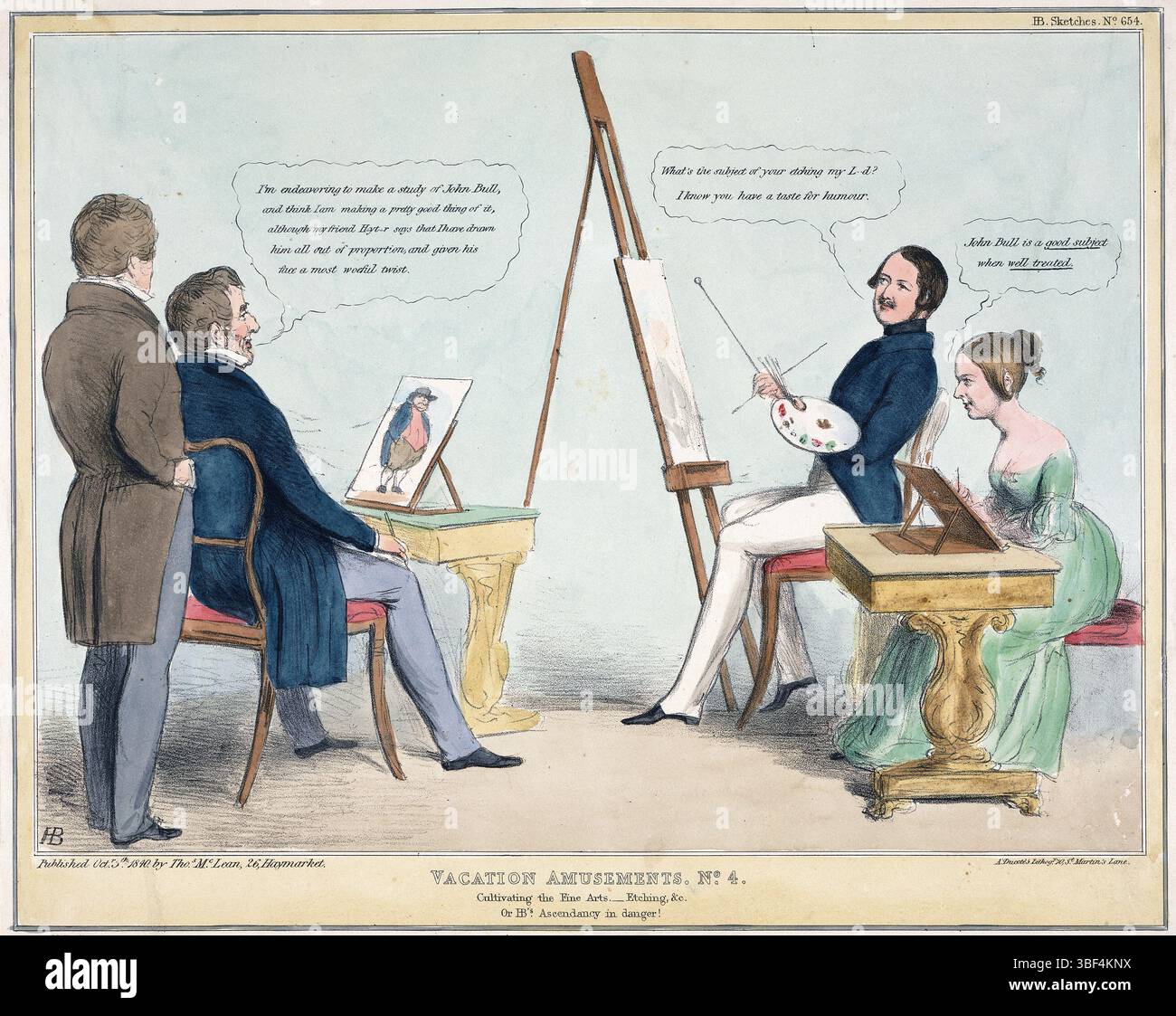 Una stampa umoristica di cartoni animati di divertimenti per le vacanze n. 4 che coltivano le belle arti, acquerello su carta caricature umane umorismo dell'epoca vittoriana del XIX secolo creato da John Doyle, antica opera d'arte satirica vintage, Queen Victoria, Prince Albert, Sir George Hayter, William Lamb - II visconte Melbourne Foto Stock