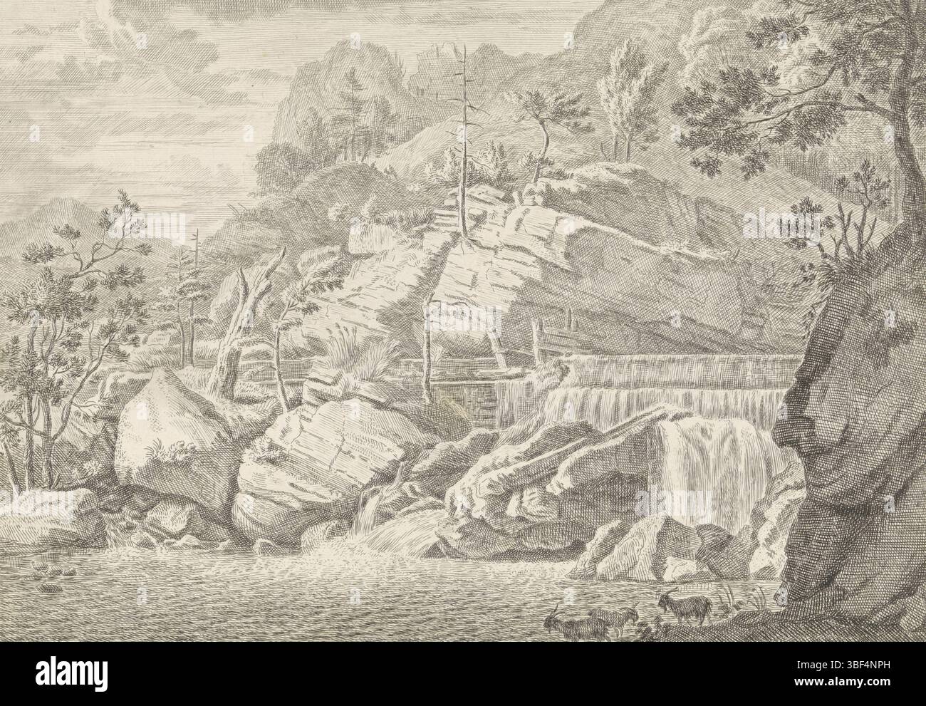 Glauber, Johannes, sconosciuto, Glauber, paesaggi nelle montagne Chartreuzer, Vista della grande cascata di Chartreuse, verso il centro sotto - timbrato, Vista della grande cascata di Chartreuse. Sullo sfondo il massiccio montano. La stampa fa parte di una serie di paesaggi montani nelle montagne di Chartreuzer., stampa, altezza 231 mm, larghezza 329 mm, 1646 - 1726, Printmaker, 1656 - 1726, carta, incisione, pubblicazione (evento), pubblicazione, editore Foto Stock