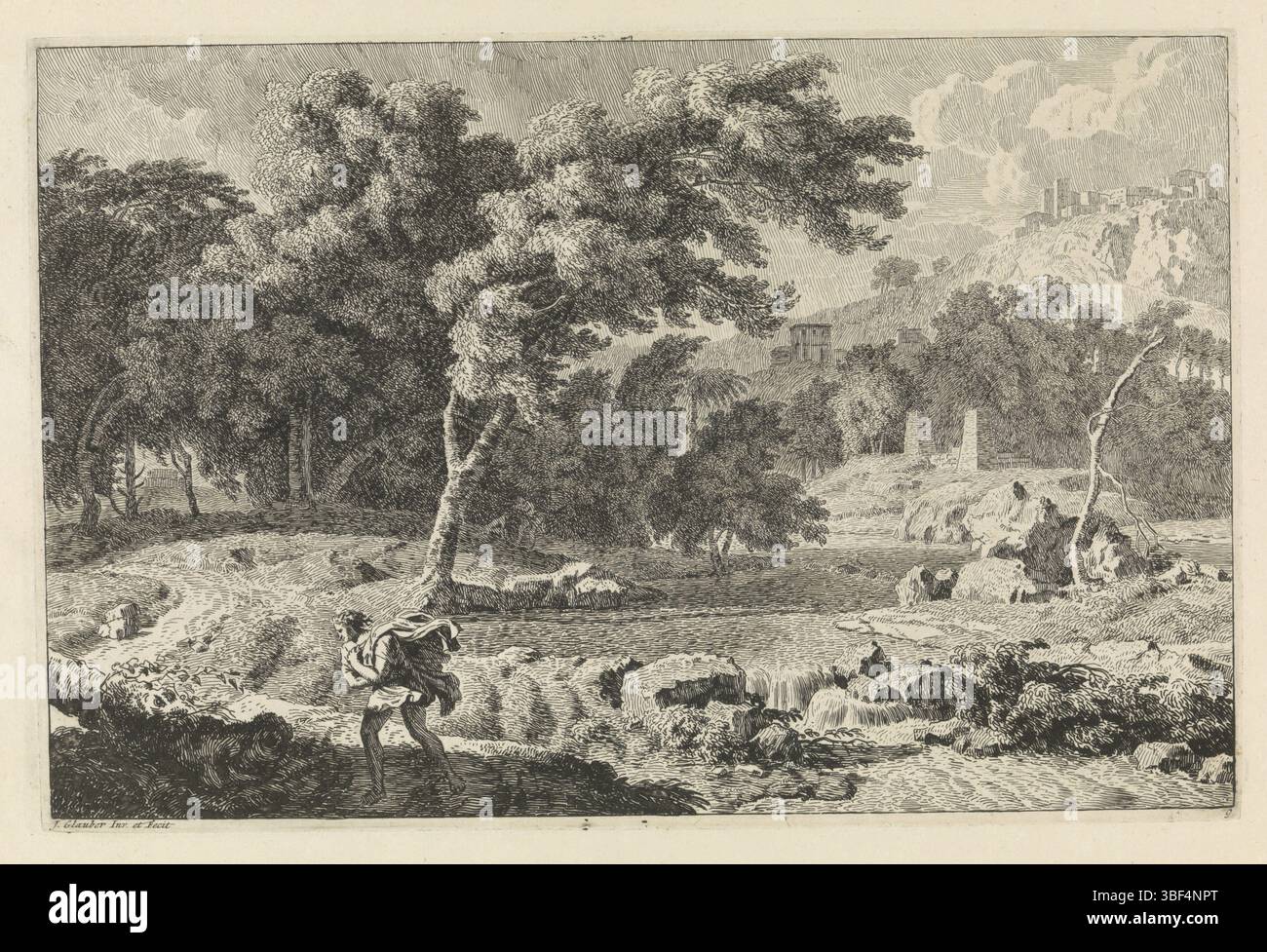 Glauber, John, sconosciuto, Glauber, Johannes, paesaggi arcadiani, paesaggio arcadiano in una tempesta, verso in basso a sinistra - impresso, un paesaggio arcadiano con uno stagno. Sulla sinistra c'è una strada con un escursionista. È tempestosa. Una città sullo sfondo. La stampa fa parte di una serie di paesaggi arcadiani., stampa, larghezza 362 mm, altezza, 240 mm, 1646 - 1726, stampatore, 1656 - 1726, carta, incisione, concezione del lavoro, 1646 - 1726 Foto Stock